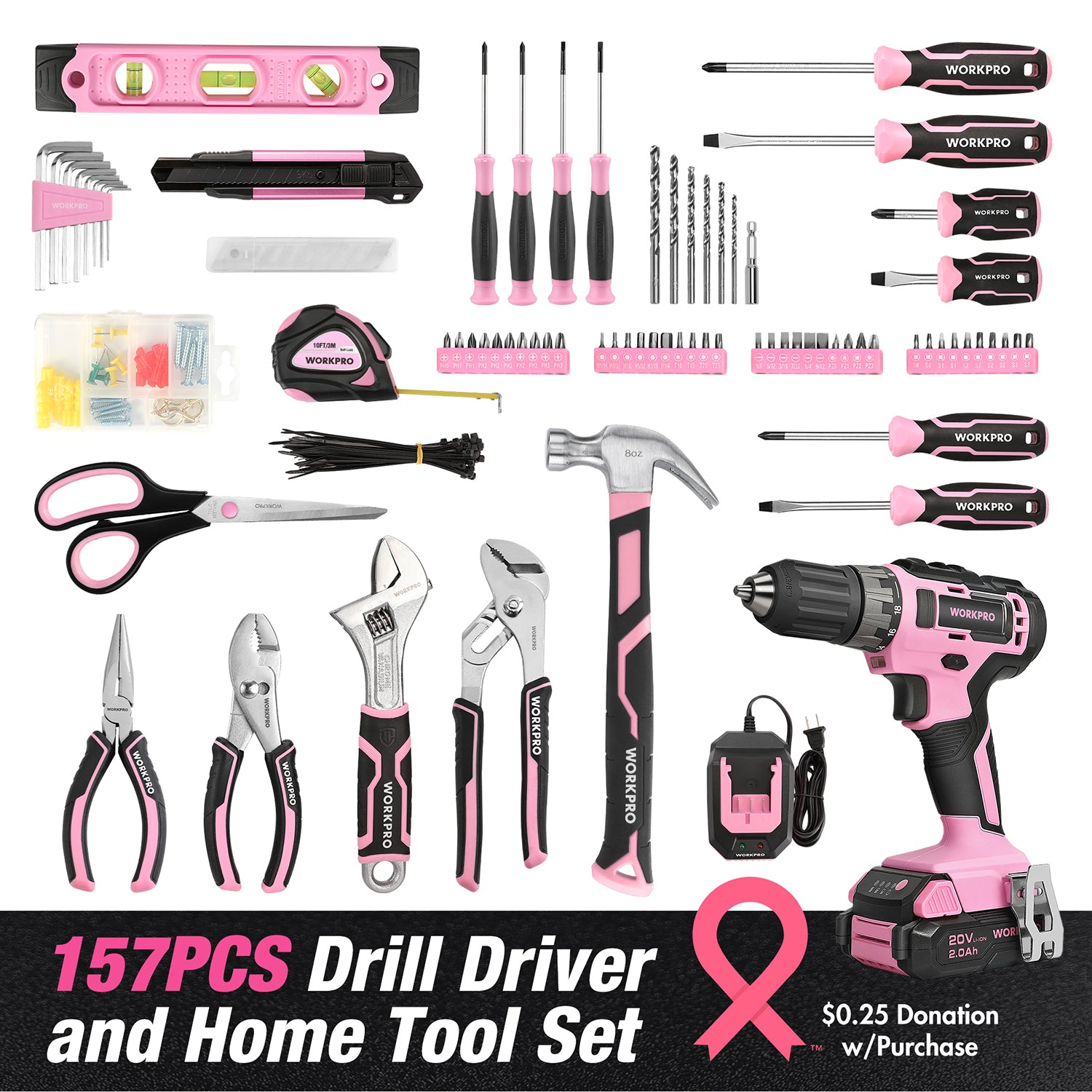 Pink and black home tool set with cordless drill, bits, screwdriver heads, and accessories