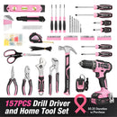 WORKPRO 157 Pcs Household Tool Kit with 20V Cordless Lithium-ion Drill Driver - Pink Ribbon