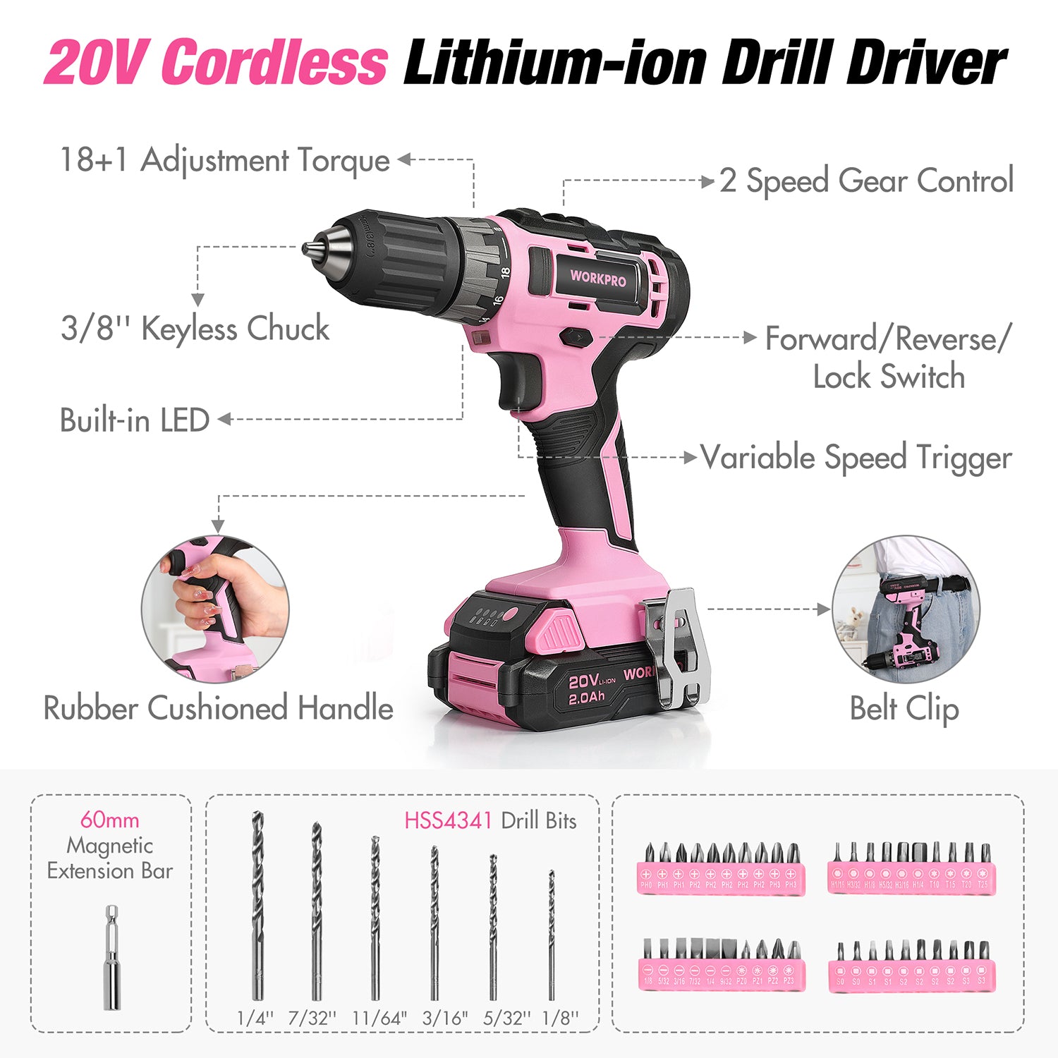 Pink cordless lithium-ion drill driver with keyless chuck, belt clip, and LED