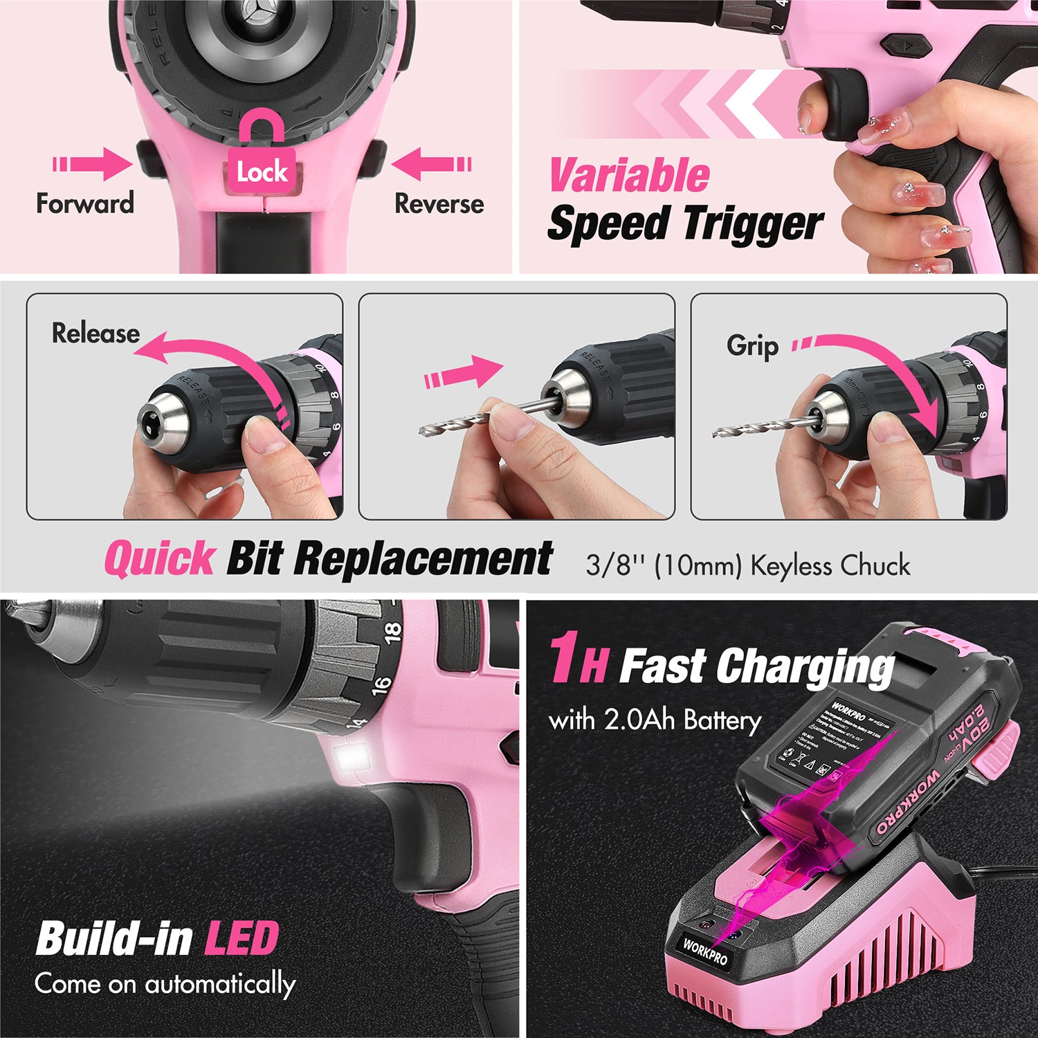 Pink cordless drill driver close-up showing variable speed trigger and LED light