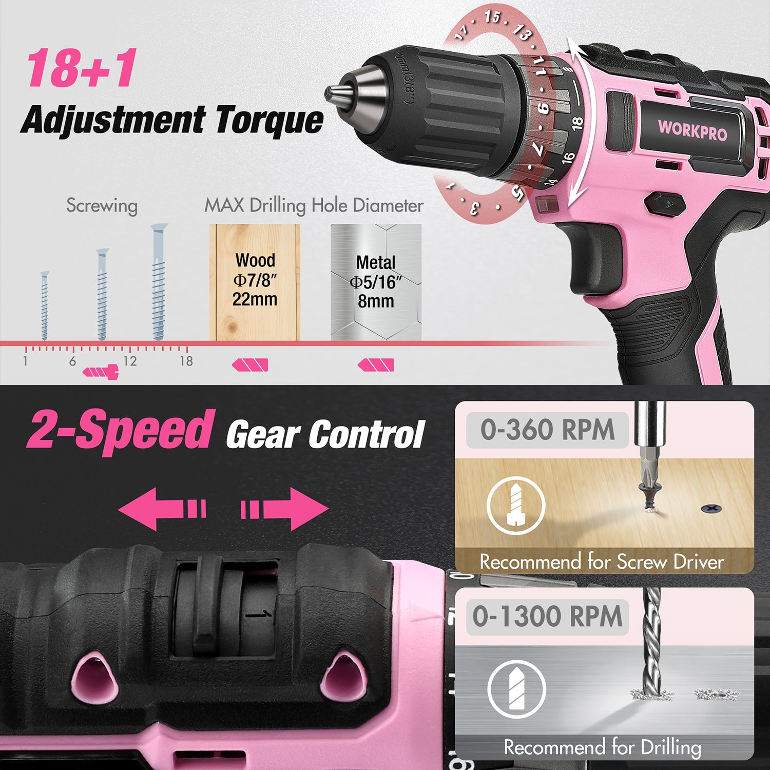Pink cordless drill driver with 2-speed control and torque adjustment ring