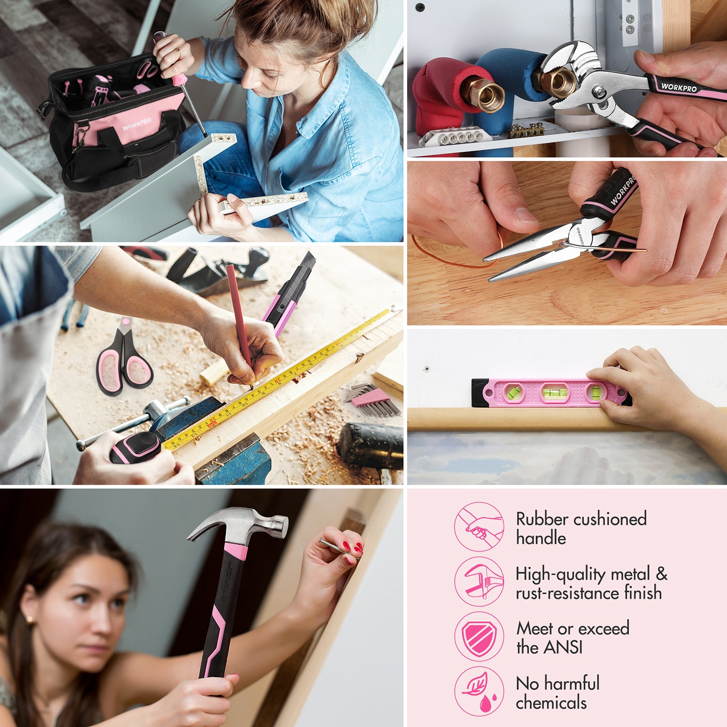 Cordless drill driver and tools used on wood and shelves, with pink handles