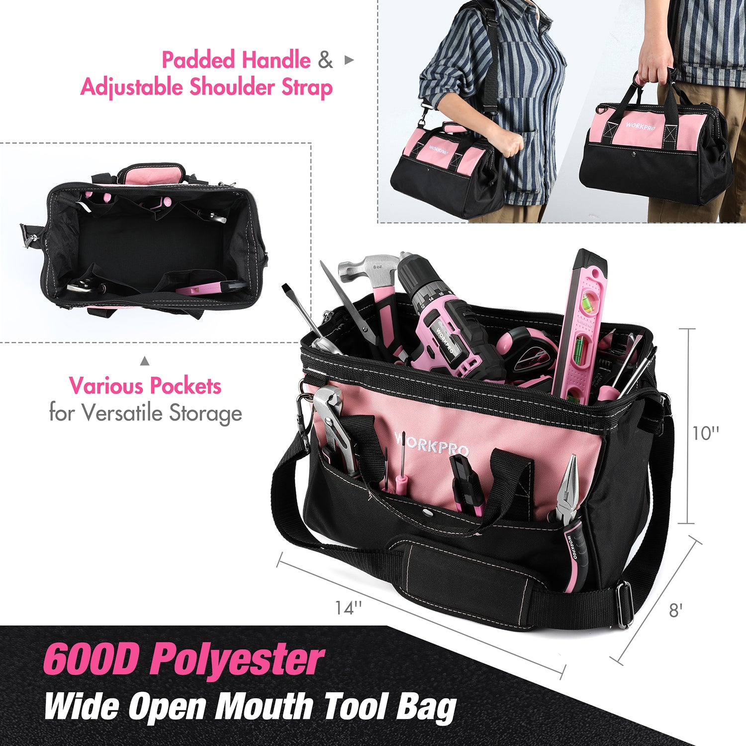 Wide-mouthed black and pink polyester tool bag with padded handle and multiple pockets