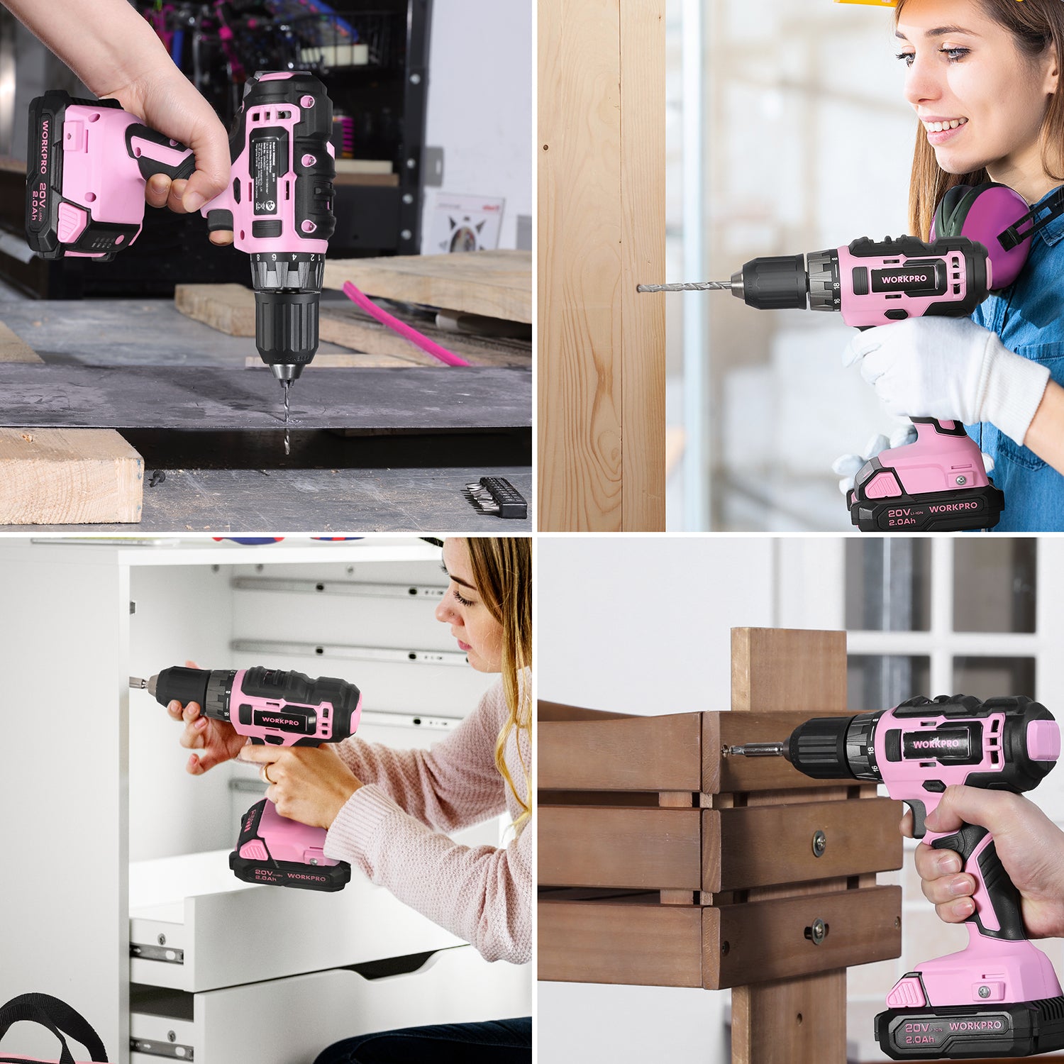Pink cordless drill driver in use drilling wood panels