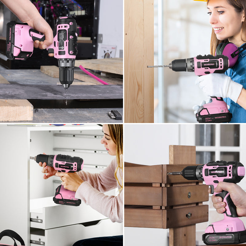 WORKPRO 157 Pcs Household Tool Kit with 20V Cordless Lithium-ion Drill Driver - Pink Ribbon