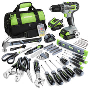 Cordless drill driver and 157-piece home tool set with storage bag and accessories