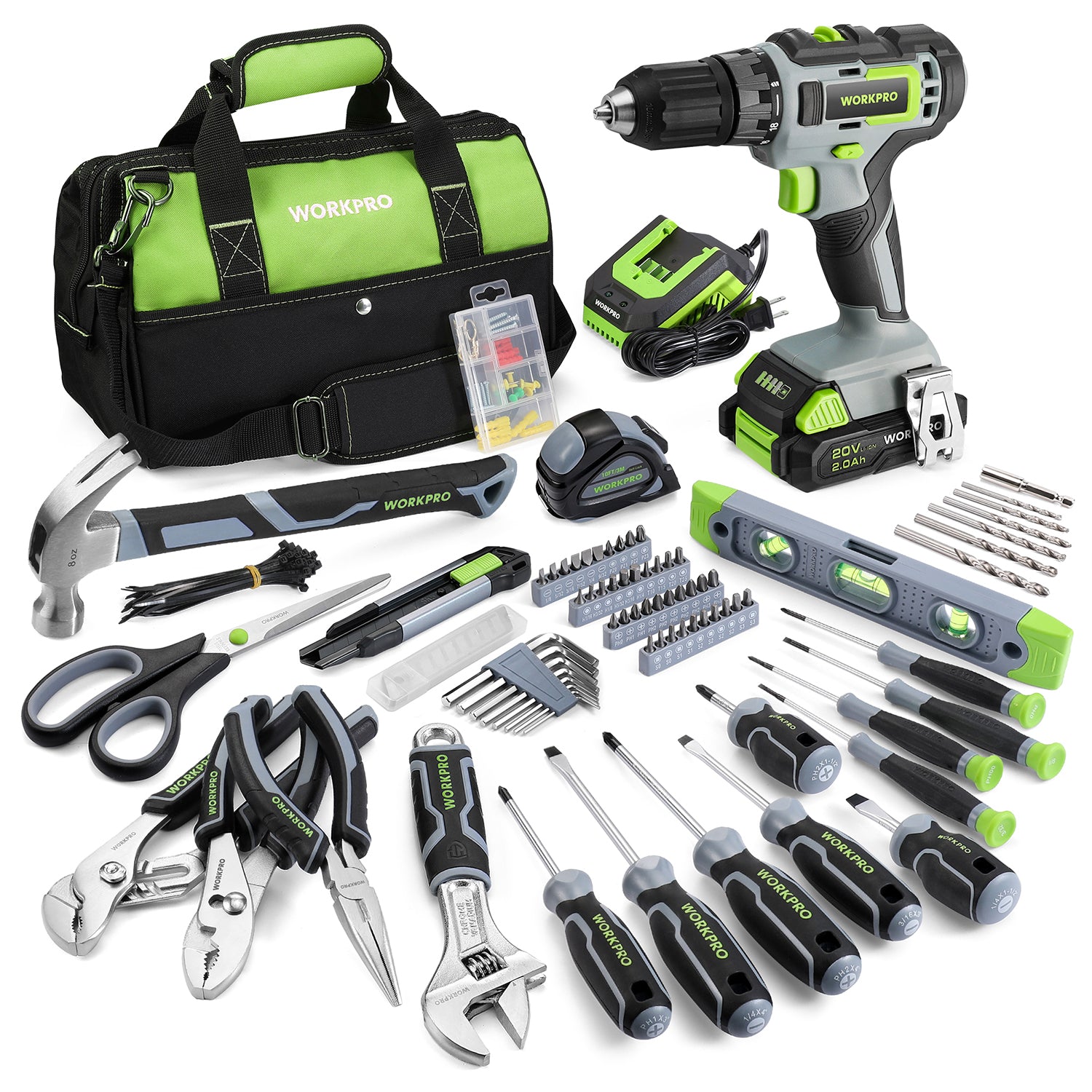 Cordless drill driver and 157-piece home tool set with storage bag and accessories