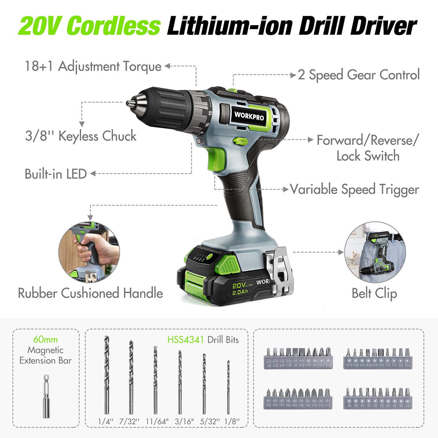 Cordless drill driver with 3/8 in keyless chuck, green accents, and built-in LED