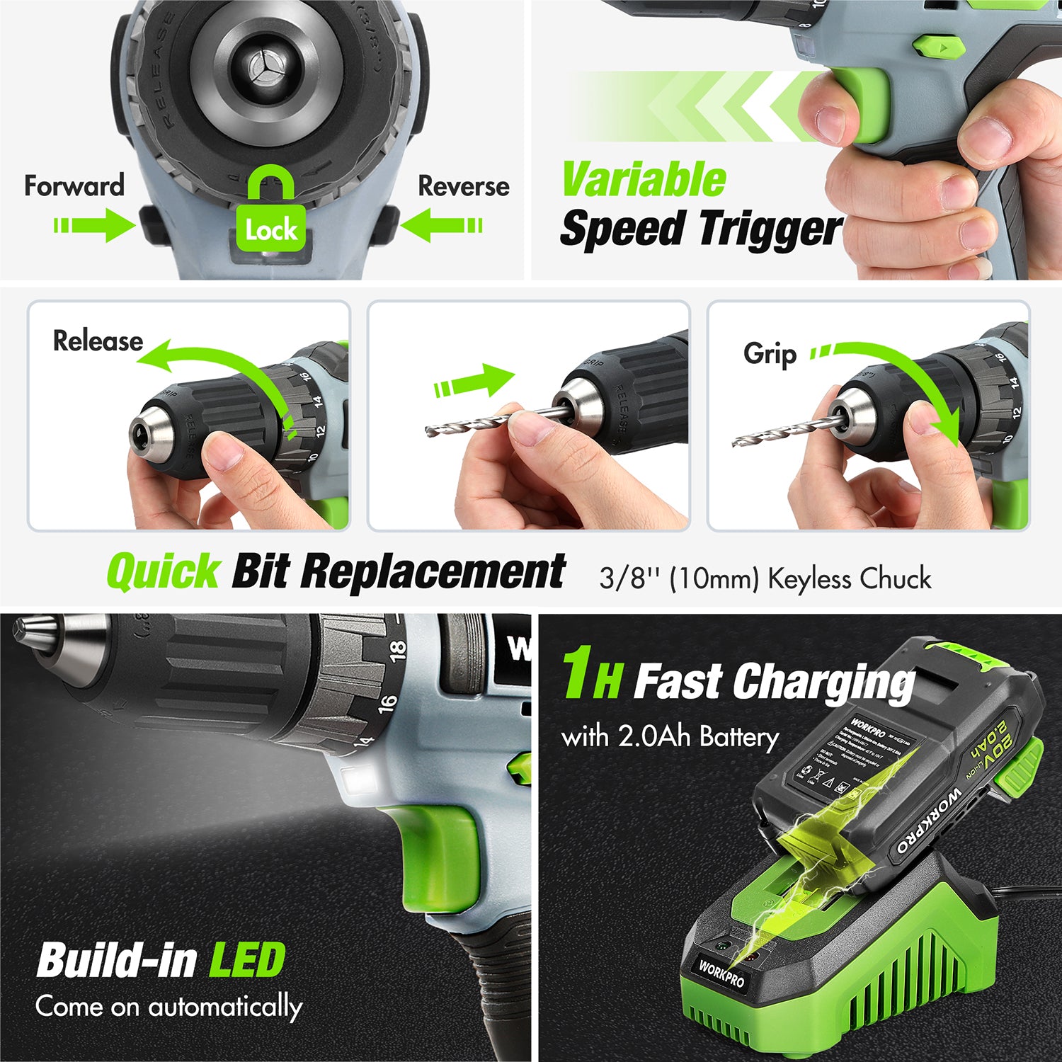 Cordless drill driver close-up showing forward/reverse lock and variable speed trigger
