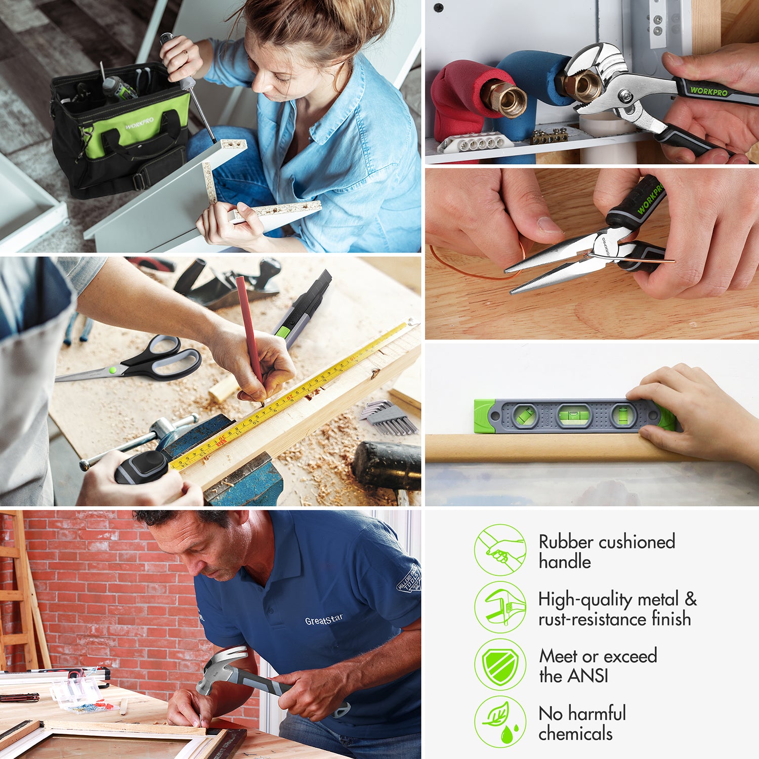 Cordless drill driver in use with drill bit, plus measuring tape and hand tools