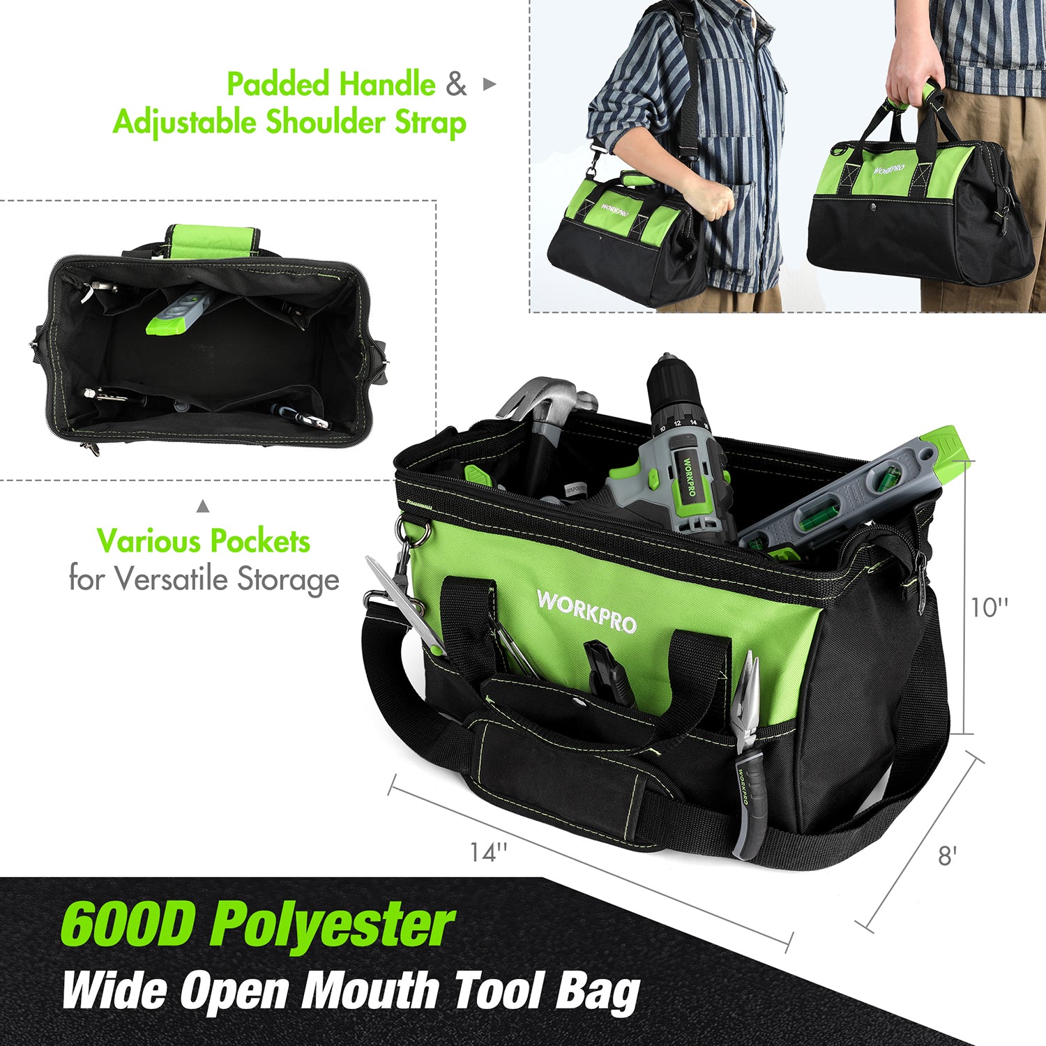 Wide-mouth polyester tool bag with green panels and multiple front pockets