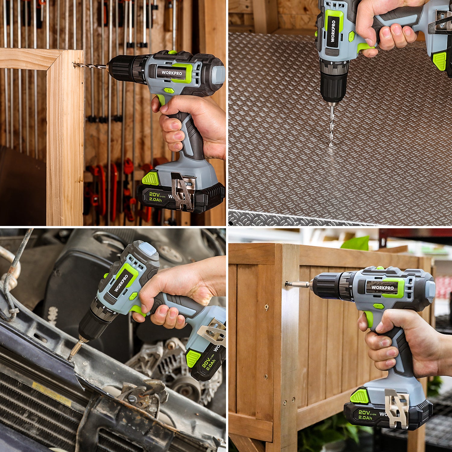 Cordless drill driver drilling into wood, showing keyless chuck and trigger