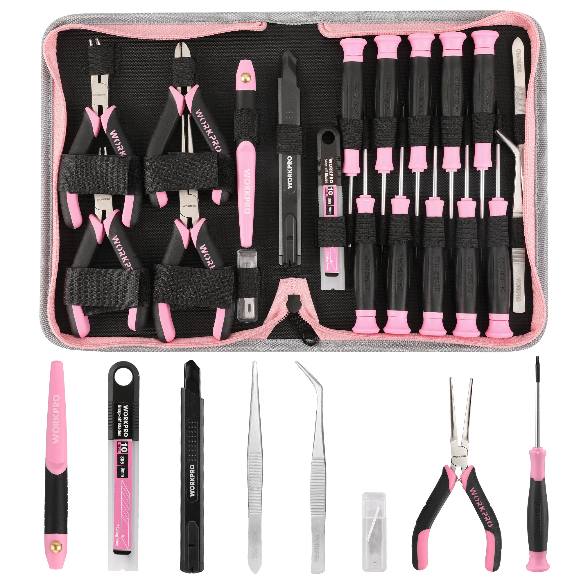 WORKPRO 33 Pcs Precision Repair Tool Set Includes Pliers Set - Pink Ribbon