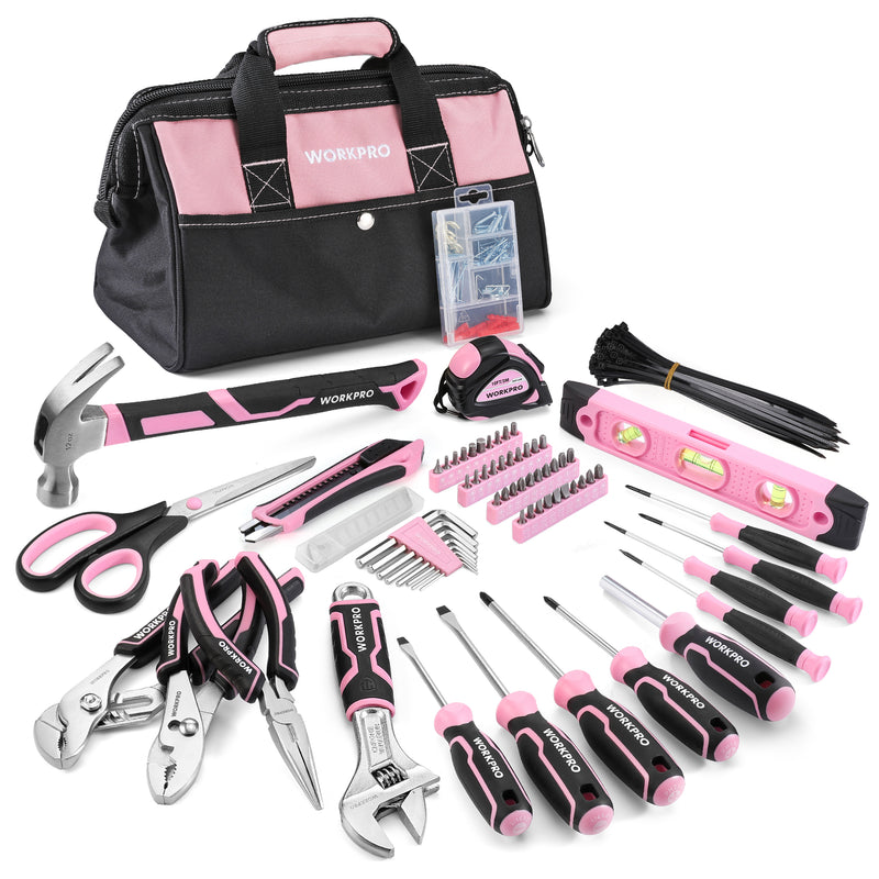 WORKPRO 277 Pcs Pink Tool Set with 13-Inch Wide Mouth Open Storage Bag - Pink Ribbon