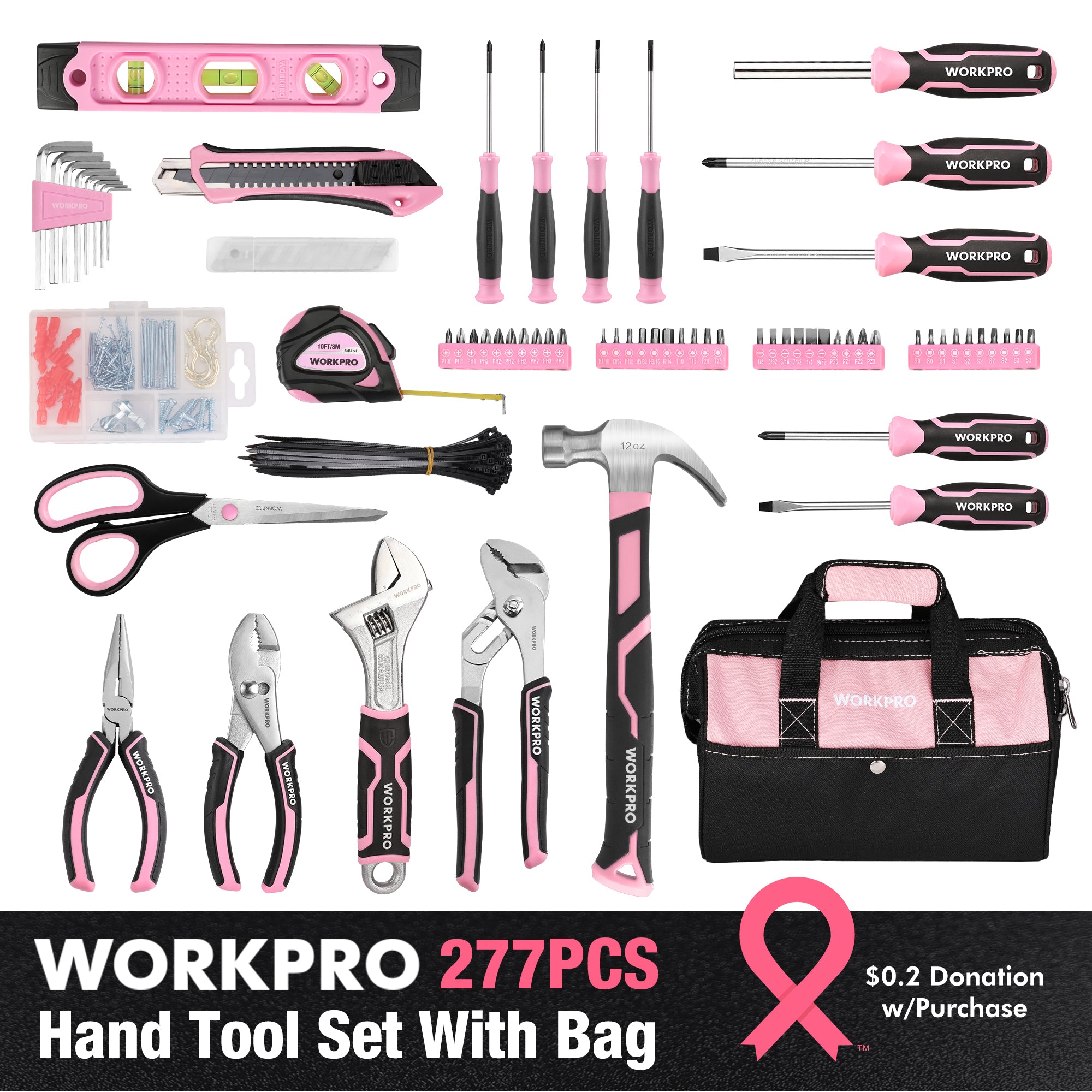 Pink hand tool set with open storage bag and assorted pink-and-black tools