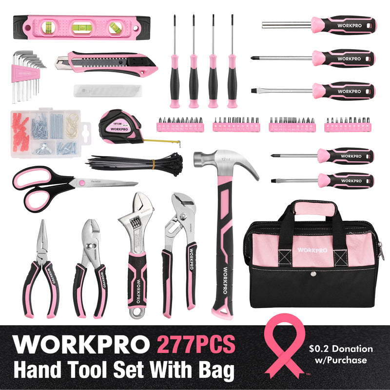 WORKPRO 277 Pcs Pink Tool Set with 13-Inch Wide Mouth Open Storage Bag - Pink Ribbon