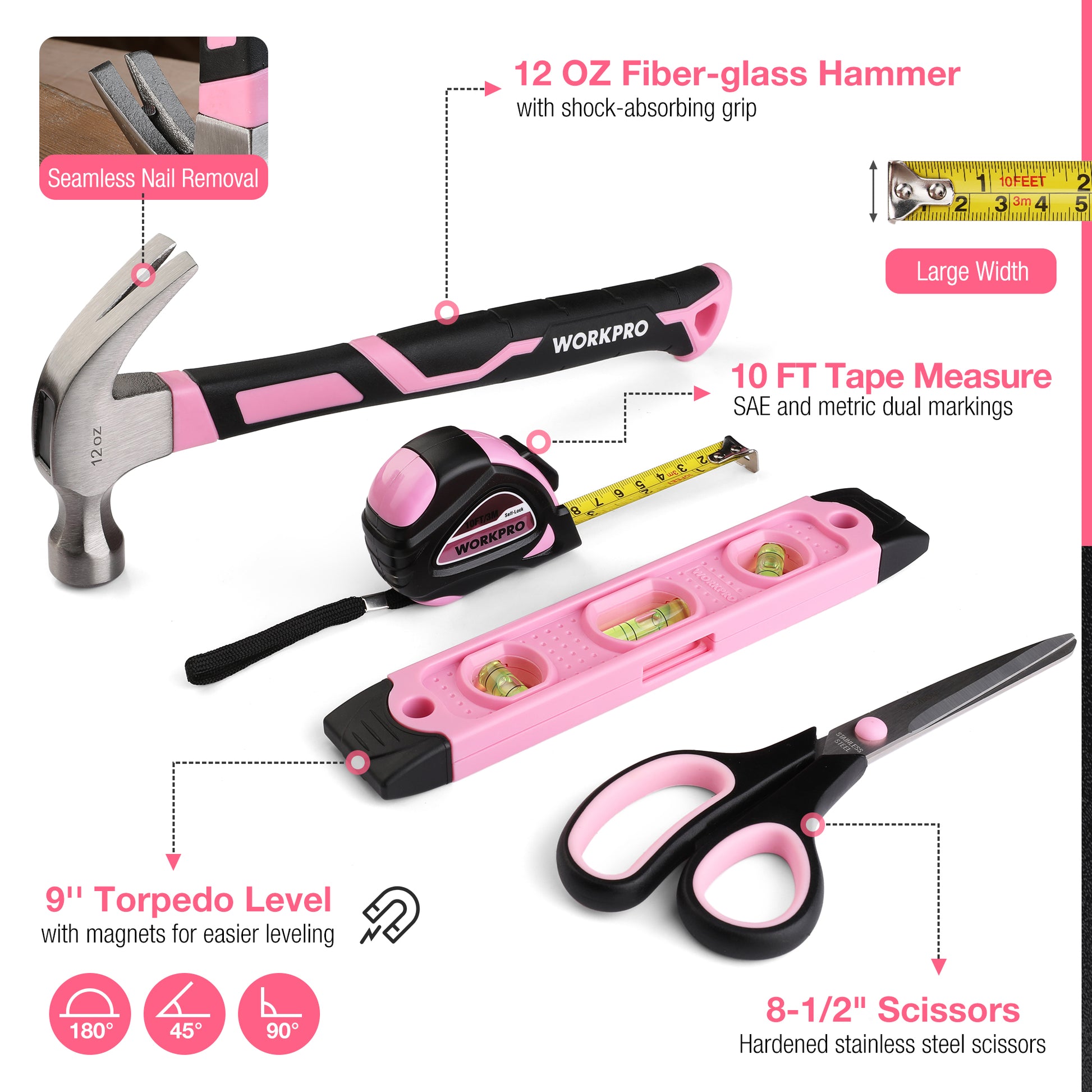 Pink-and-black hammer, tape measure, scissors, and level in a tool set