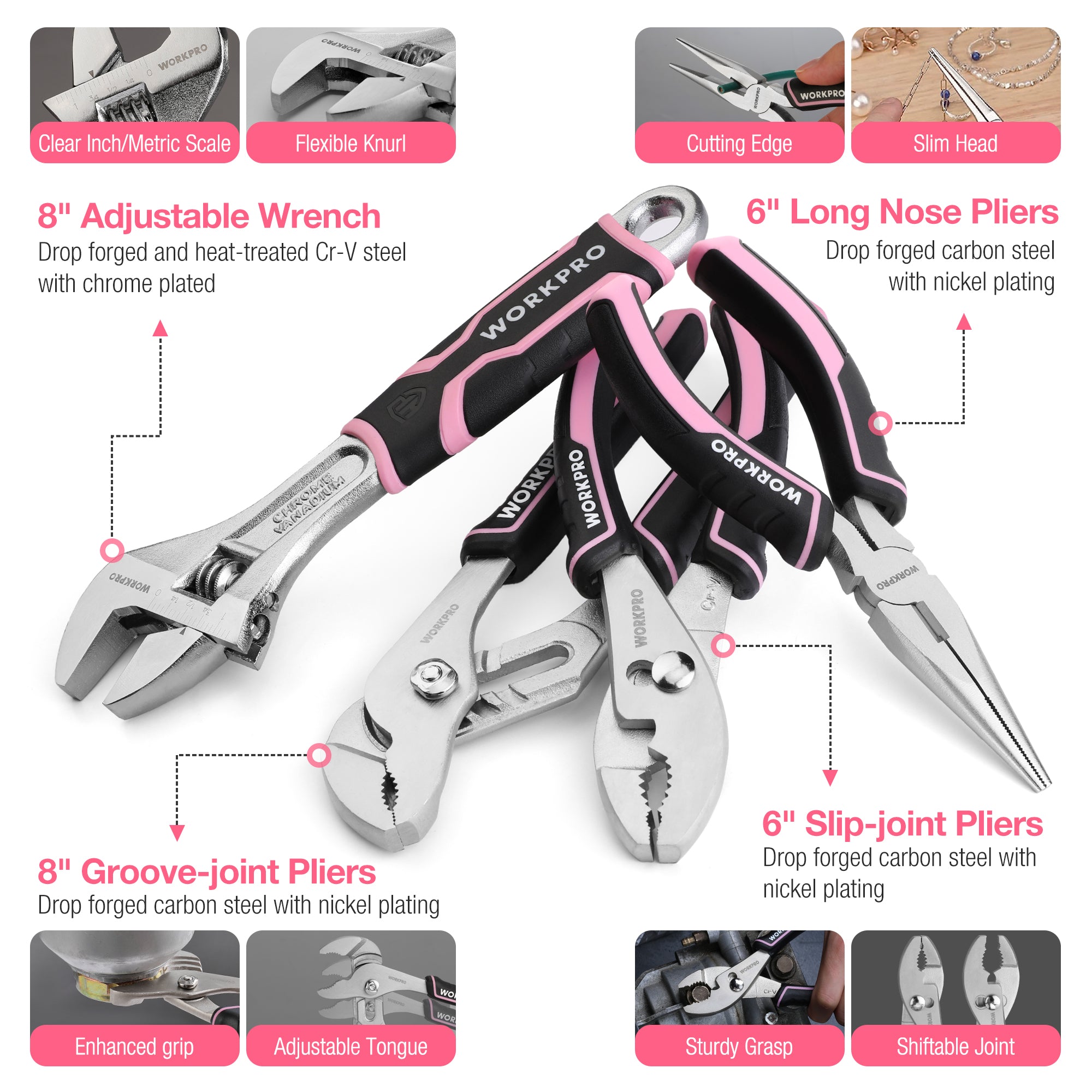 Pink-and-black adjustable wrench and pliers set with multiple tool heads