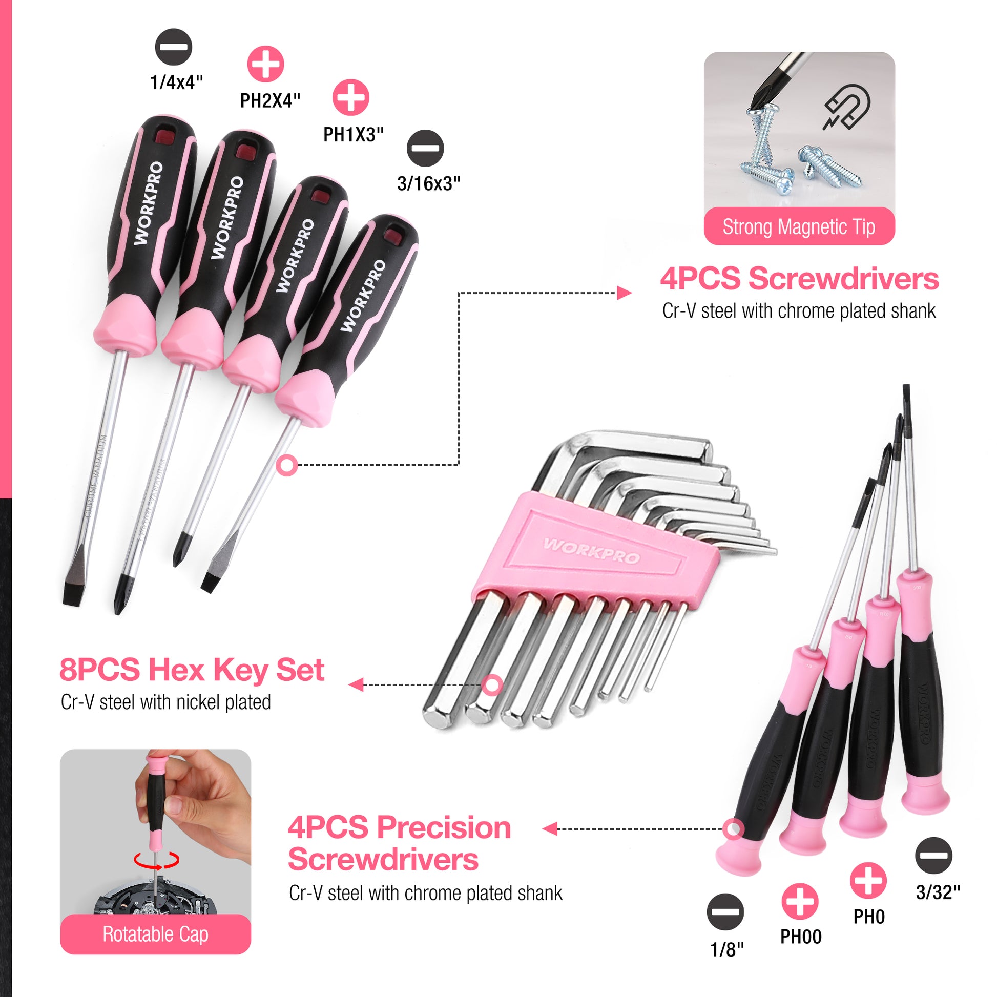 Pink-and-black screwdriver set with hex key set and precision bits