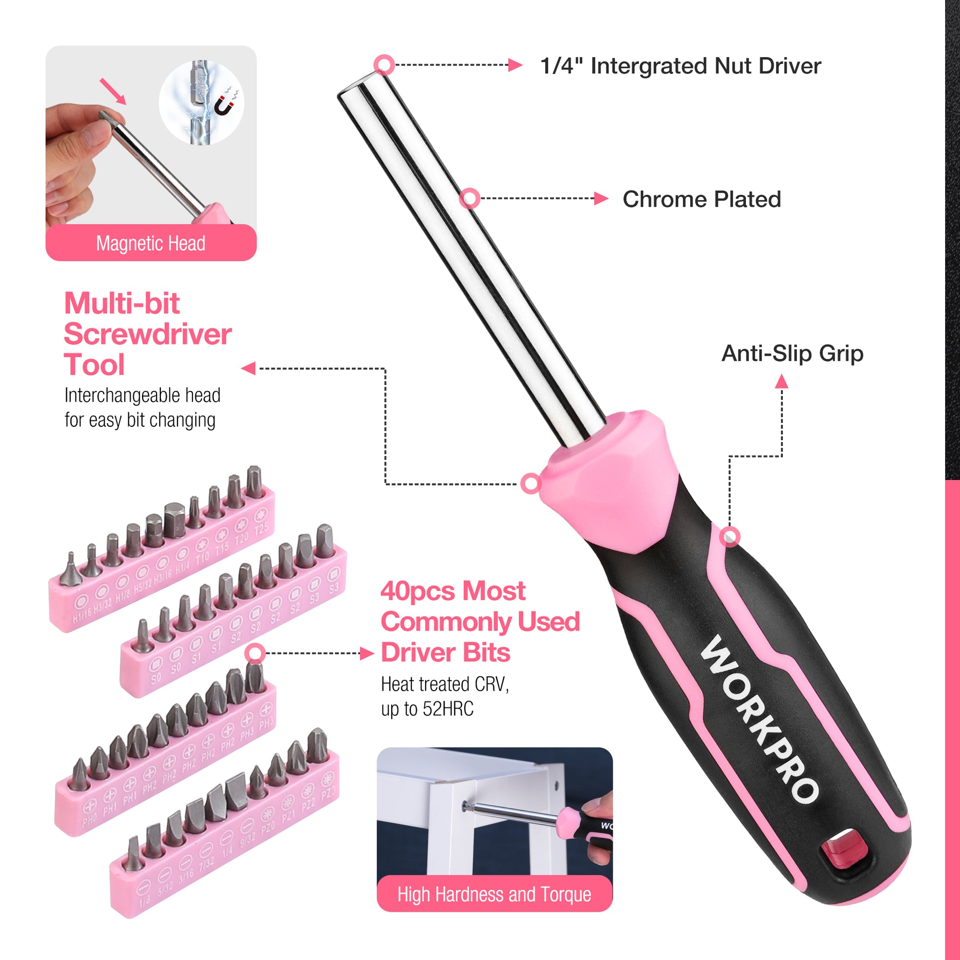 Pink multi-bit screwdriver with anti-slip grip and chrome plated driver bits