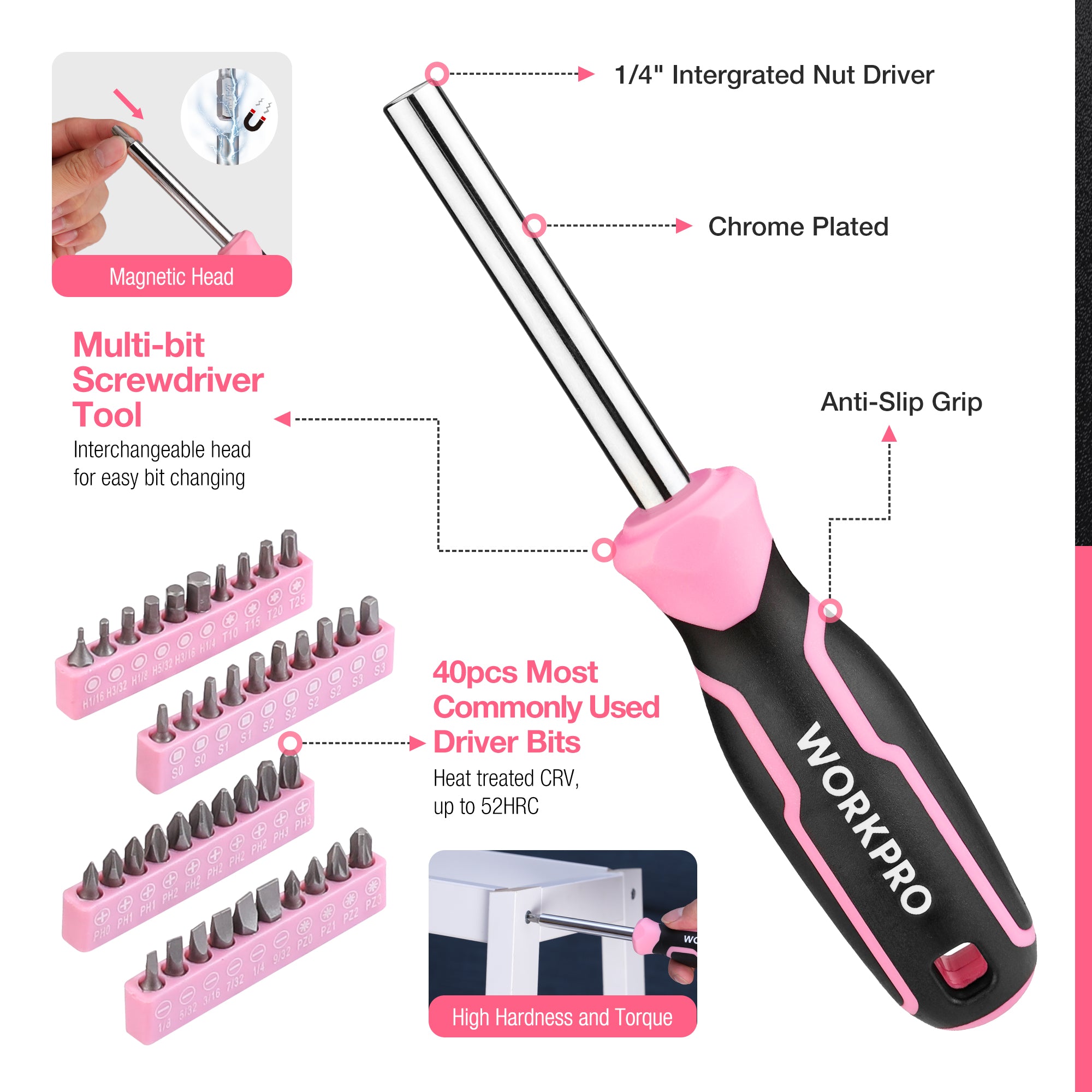 Pink multi-bit screwdriver with anti-slip grip and chrome plated driver bits