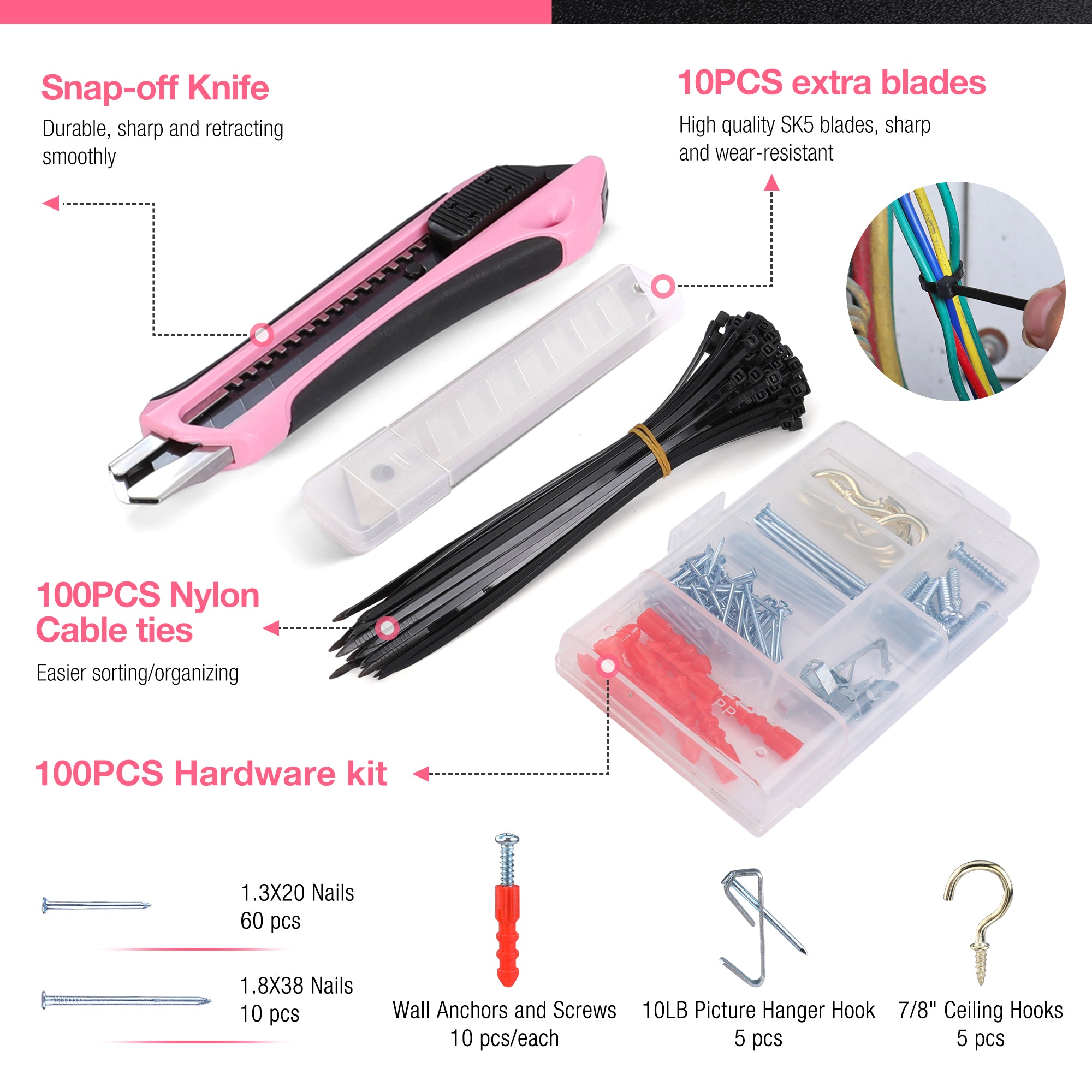 Pink snap-off utility knife with extra blades, cable ties, and hardware kit