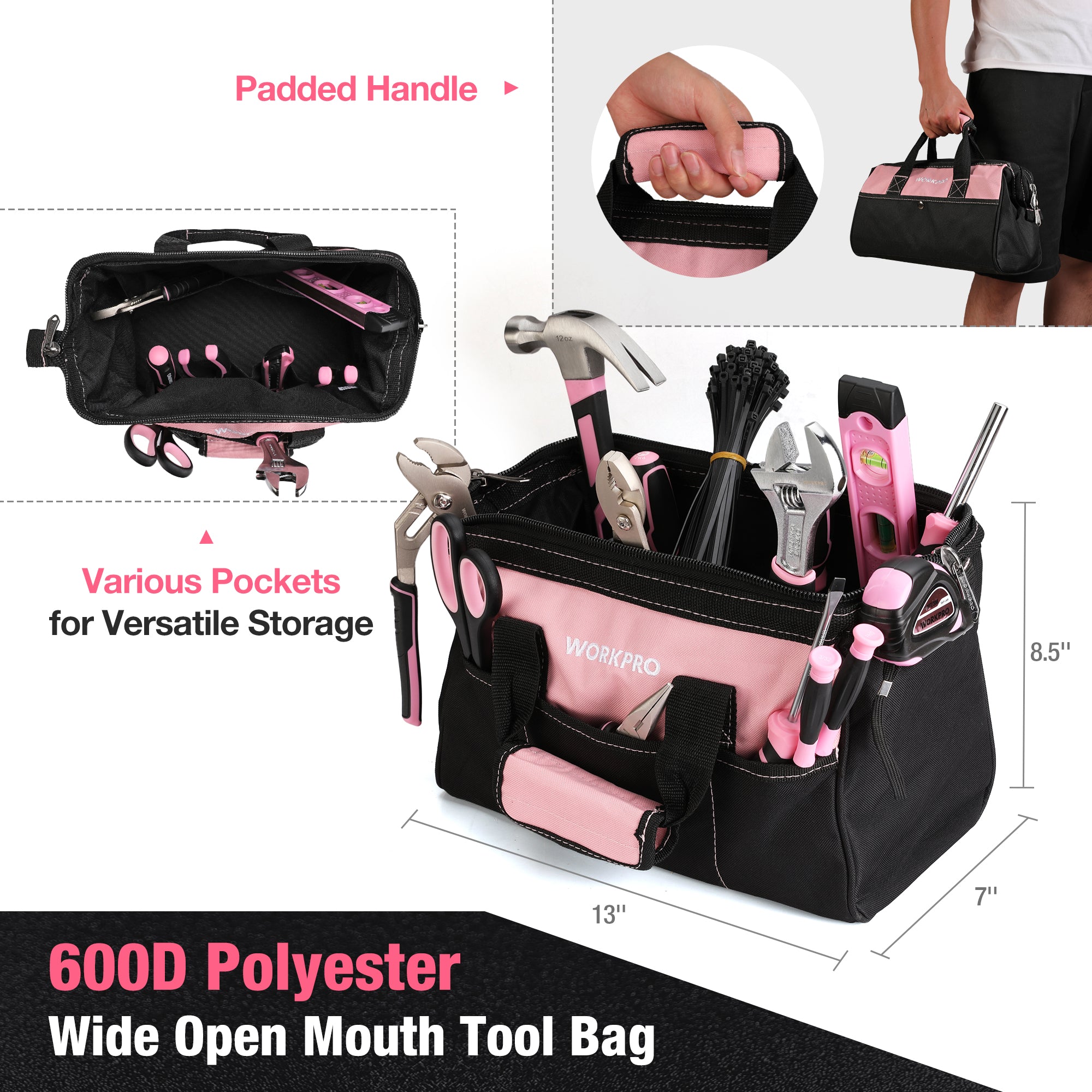 Black-and-pink wide open tool bag with padded handle and multiple pockets