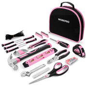 Pink tool kit with round zip pouch and assorted hand tools, pink-and-black handles.