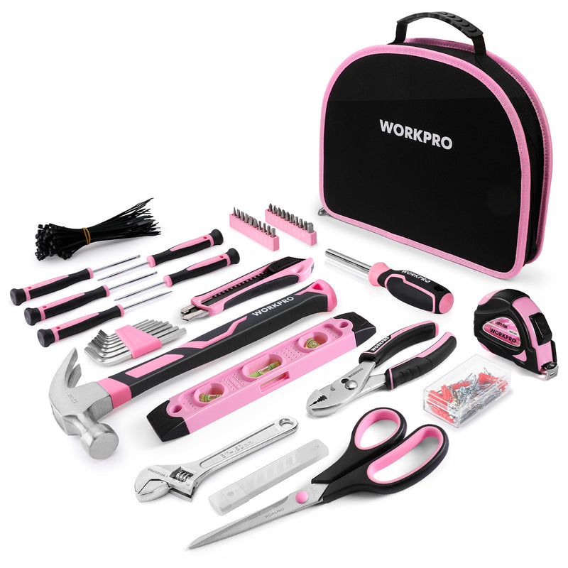 WORKPRO 103 Pcs Pink Tool Kit with Easy Carrying Round Pouch Perfect for DIY Home Maintenance - Pink Ribbon