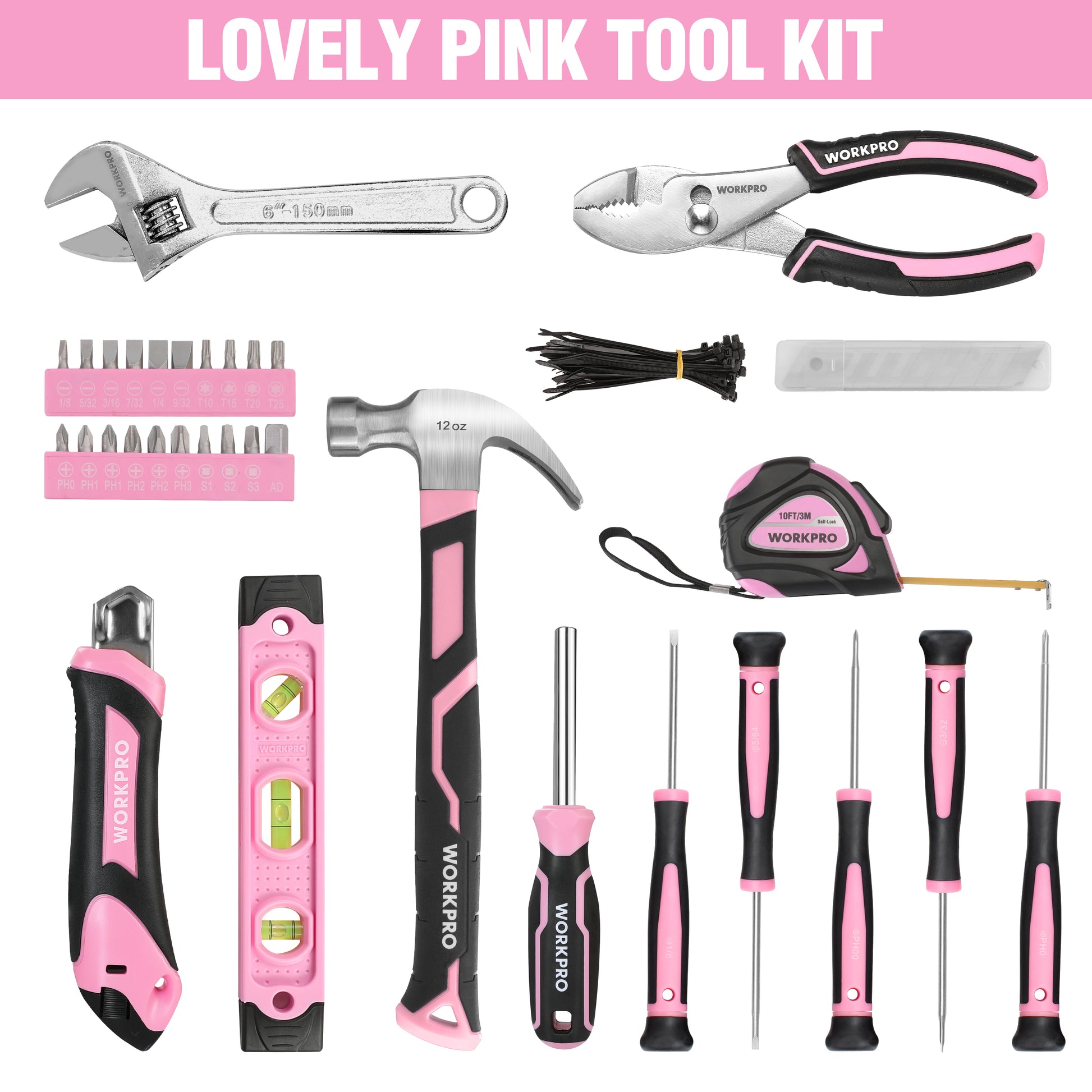 Pink-and-black hand tools arranged flat, including wrench, pliers, screwdriver, and level.