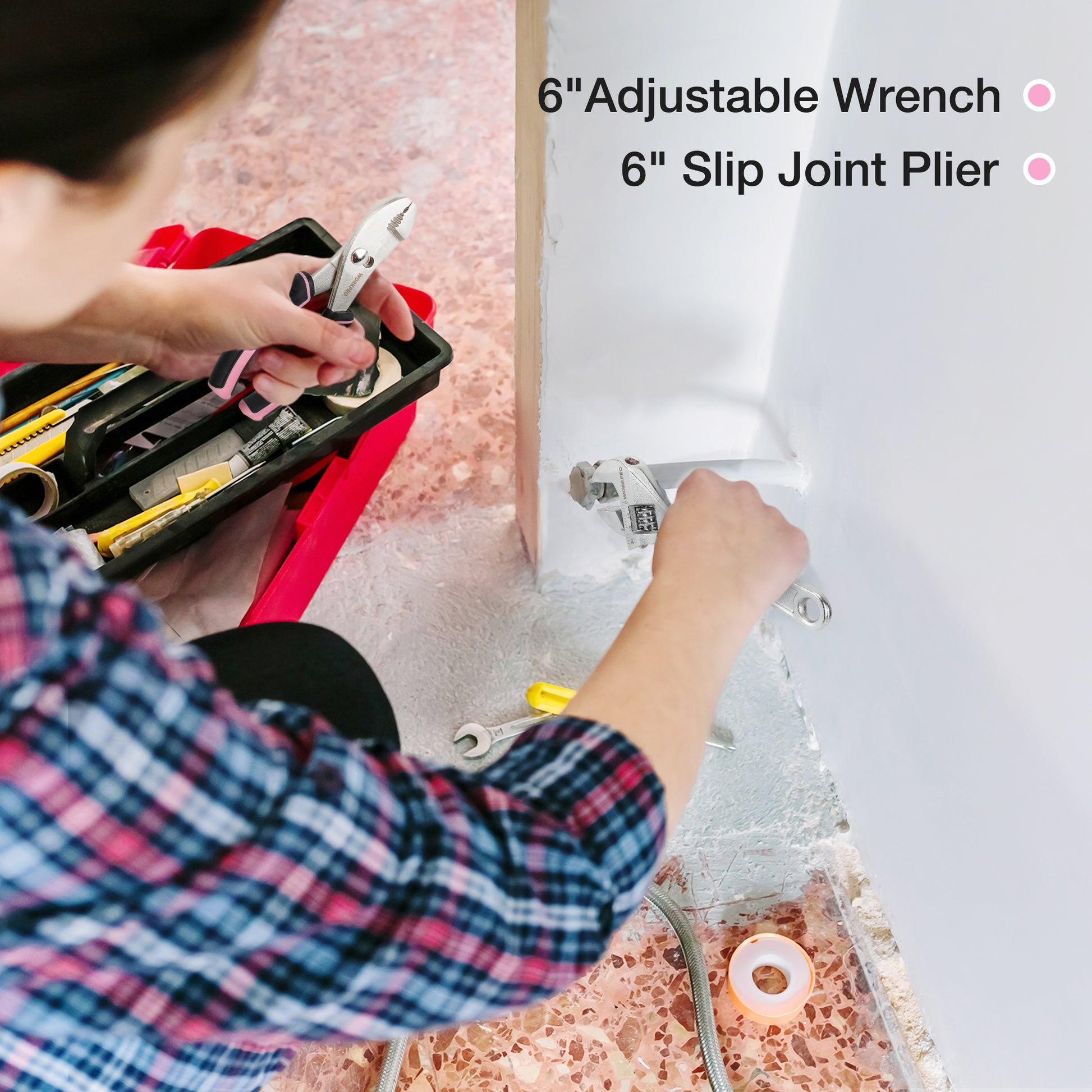 Pink adjustable wrench and slip joint plier gripping hardware during DIY installation.