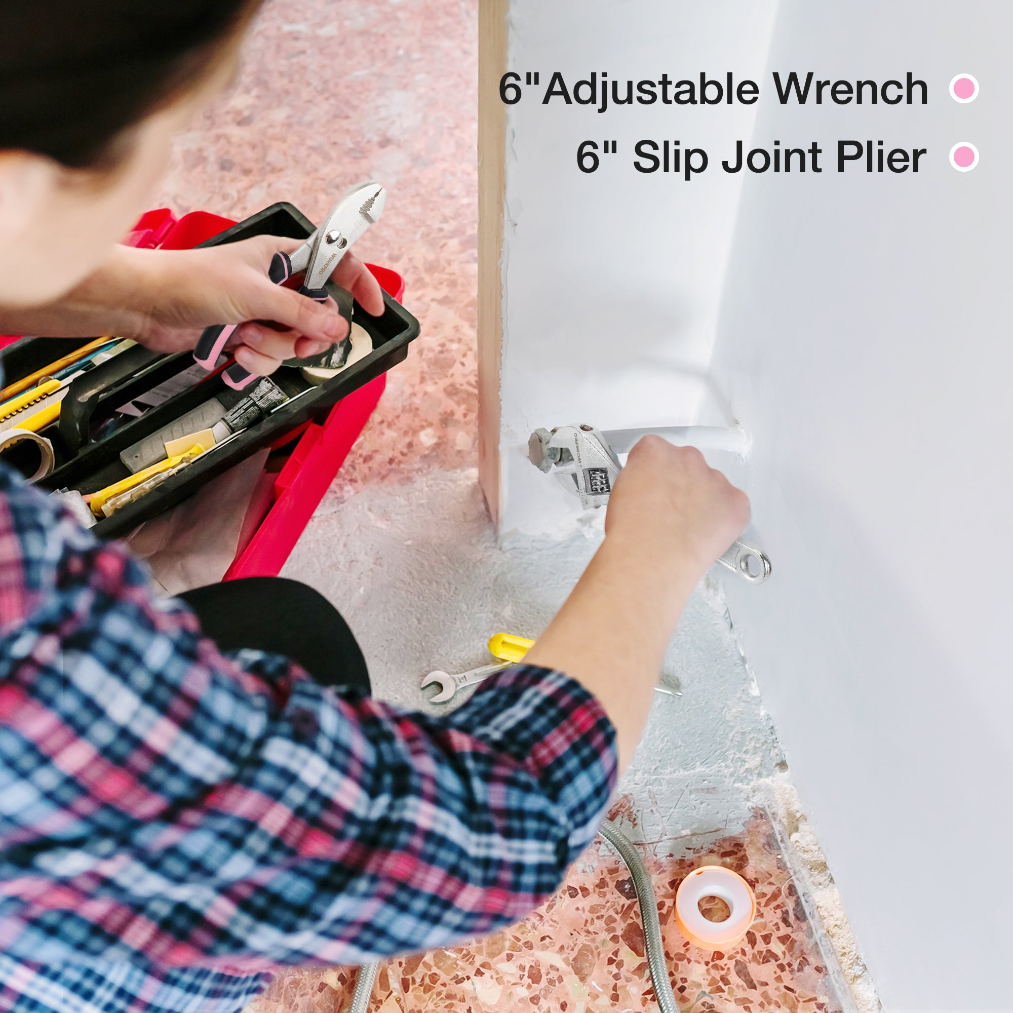 Pink adjustable wrench and slip joint plier gripping hardware during DIY installation.