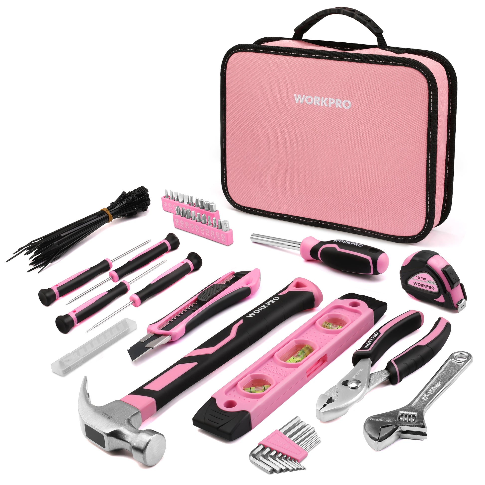 Tool kit with pink and black tools, a zippered case, and screwdriver bits for innovation and quality work