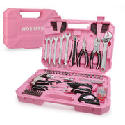 Open pink tool case organizer with socket set, ratchet tools, wrenches, and pliers