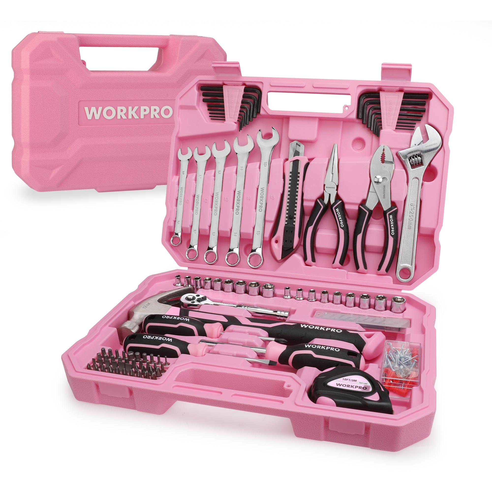 Open pink tool case organizer with socket set, ratchet tools, wrenches, and pliers