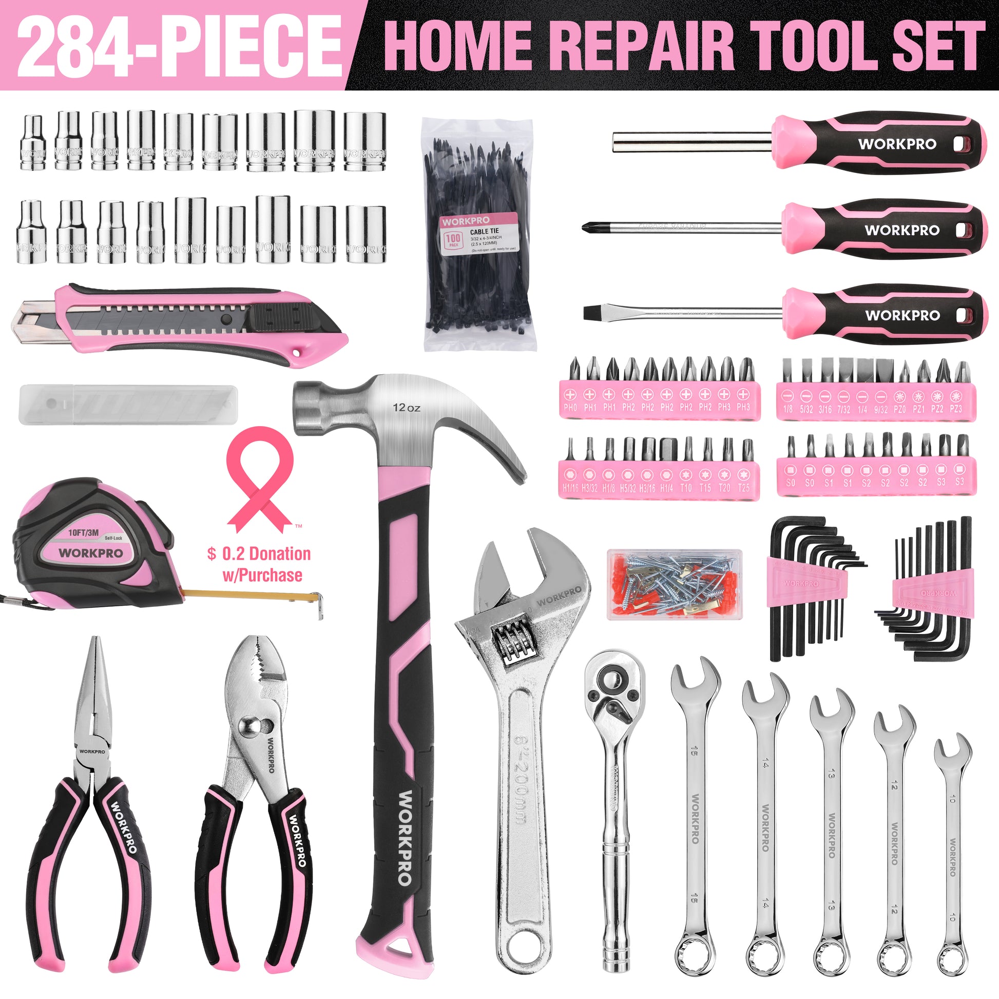 Pink 284-piece home repair tool set layout with wrenches, pliers, screwdrivers, blades, and bits