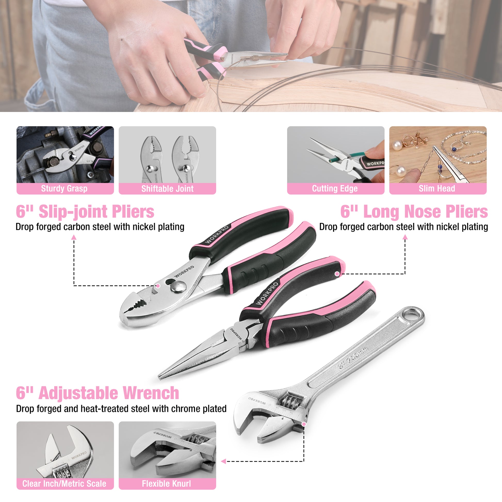 Pink and black pliers and adjustable wrench with metal heads, adjustable wrench and slip-joint pliers