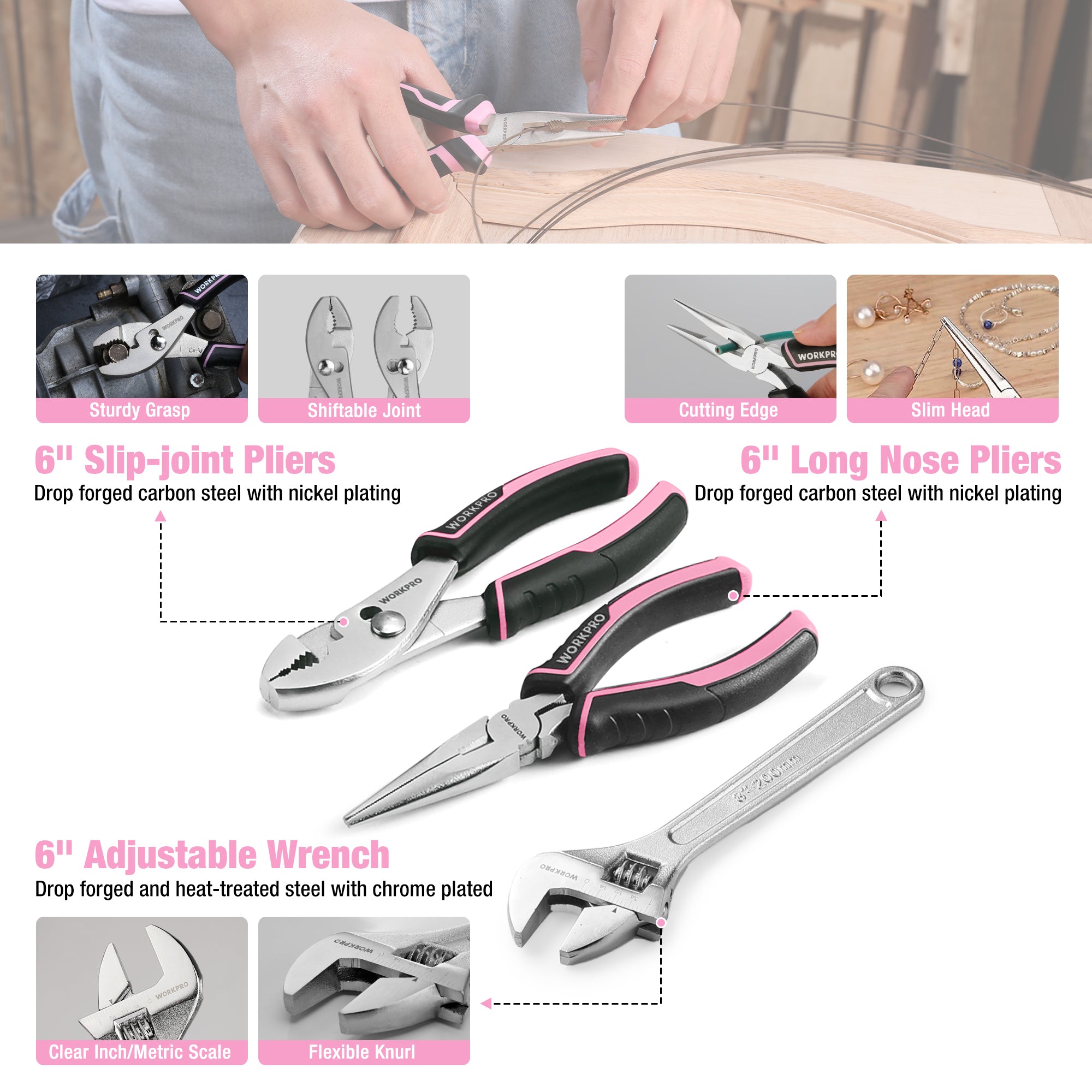 Pink and black pliers and adjustable wrench with metal heads, adjustable wrench and slip-joint pliers
