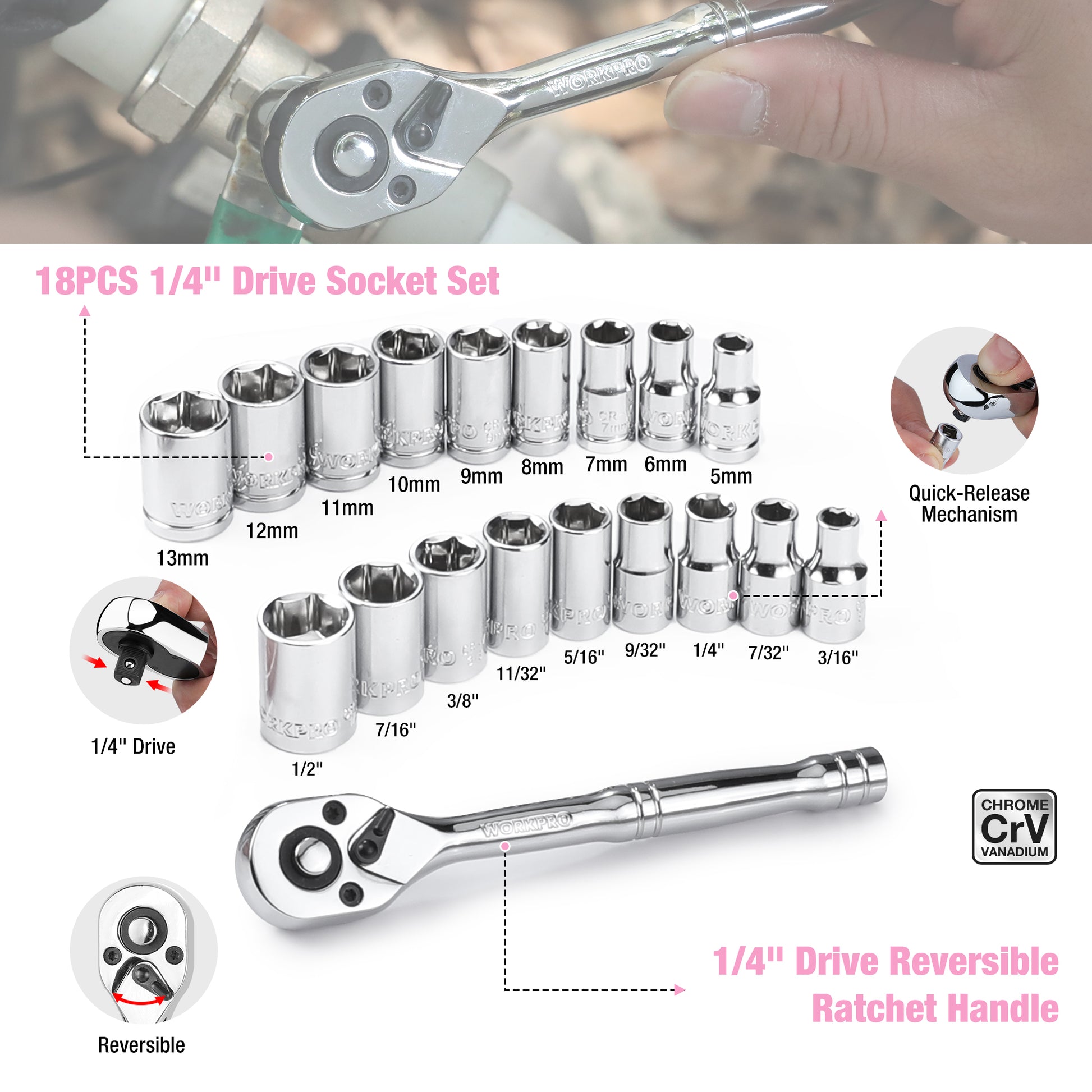 Chrome socket and ratchet set with 1/4-inch drive and reversible ratchet handle