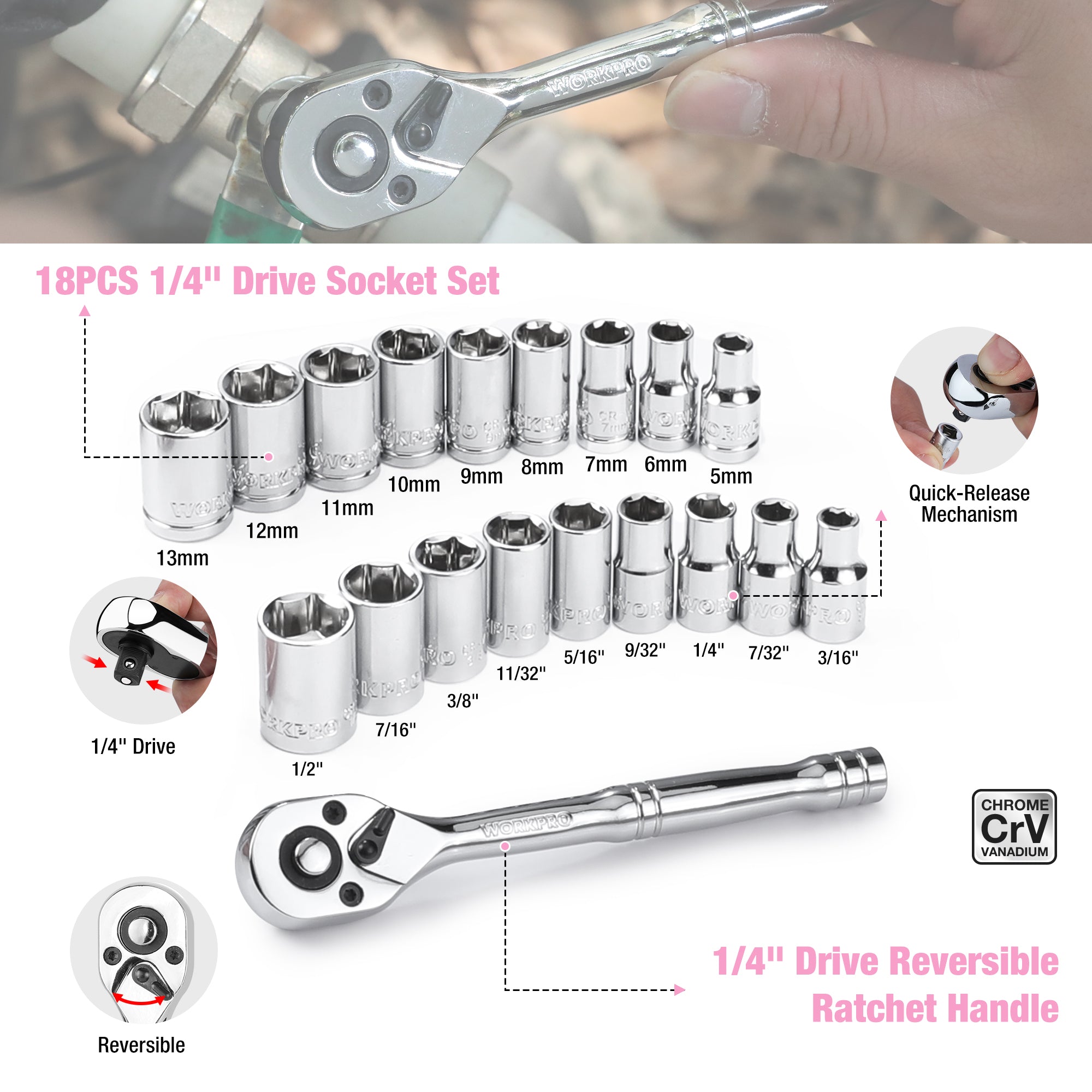 Chrome socket and ratchet set with 1/4-inch drive and reversible ratchet handle