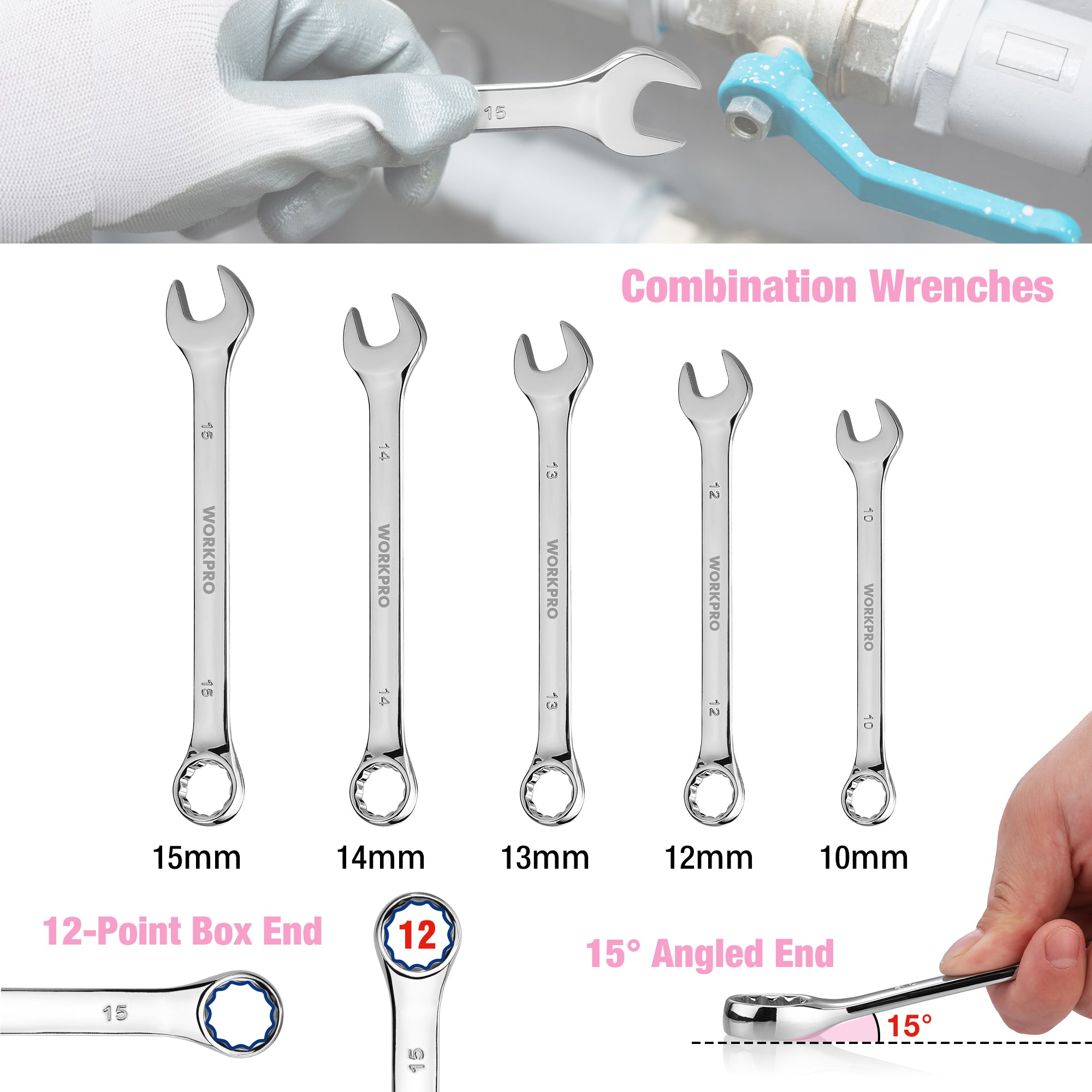 Silver combination wrench set with 12-point box ends and angled end sizes