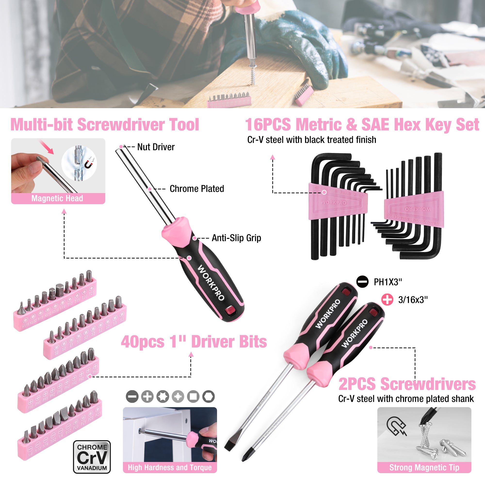 Pink and black screwdriver and hex key tool set: multi-bit driver, hex keys, screwdrivers