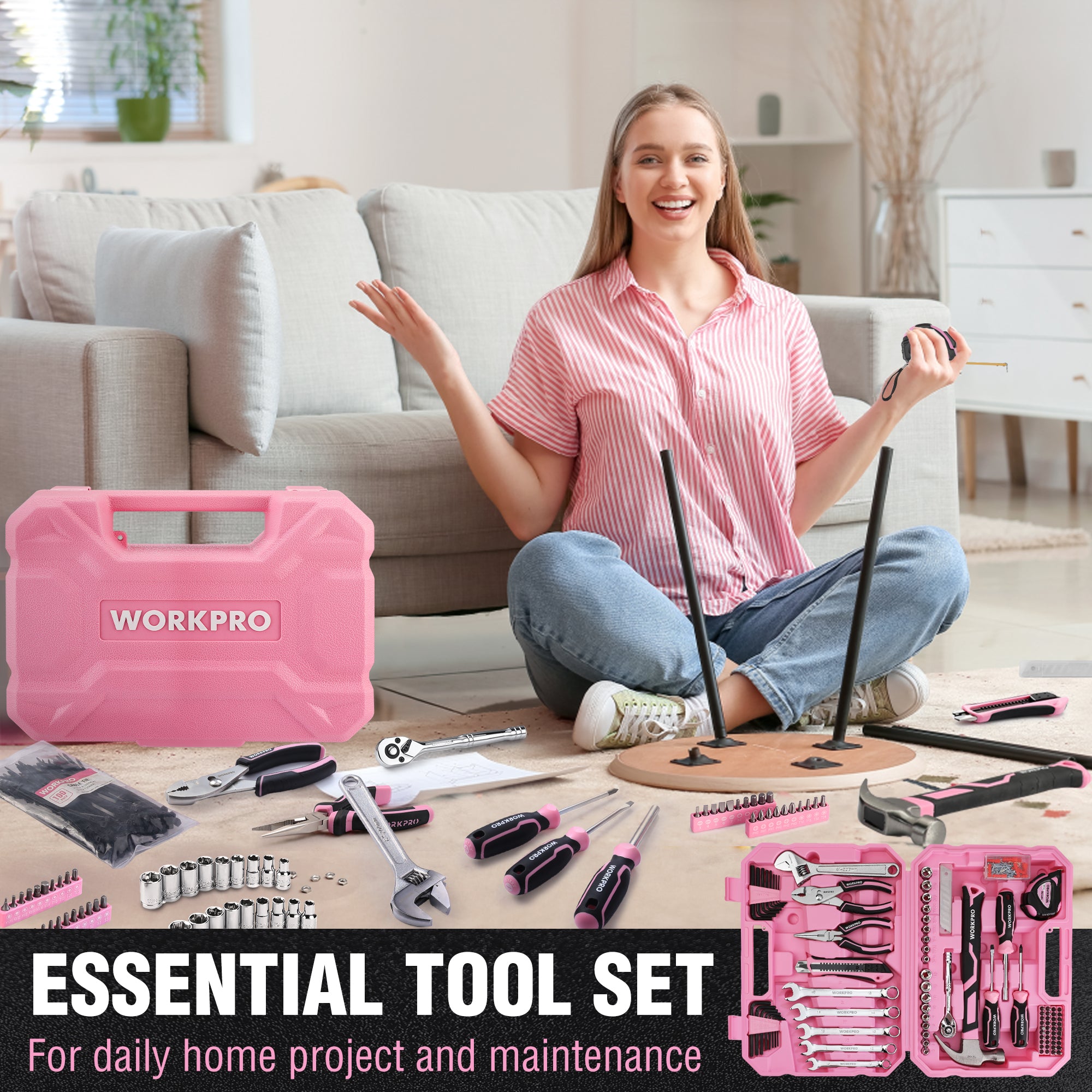 Pink WORKPRO essential tool set case with multiple hand tools and accessories laid out