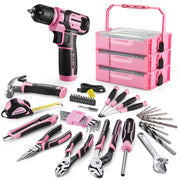 Pink cordless drill driver with assorted tools and stackable toolbox set