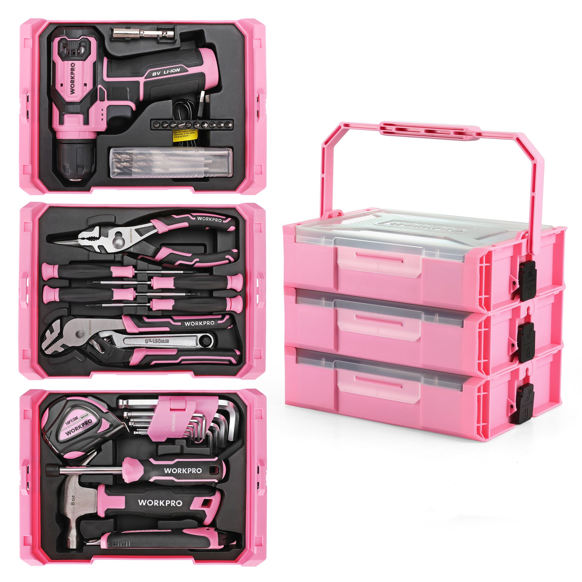 Pink stackable tool boxes with organized drill driver, bits, and hand tools inside