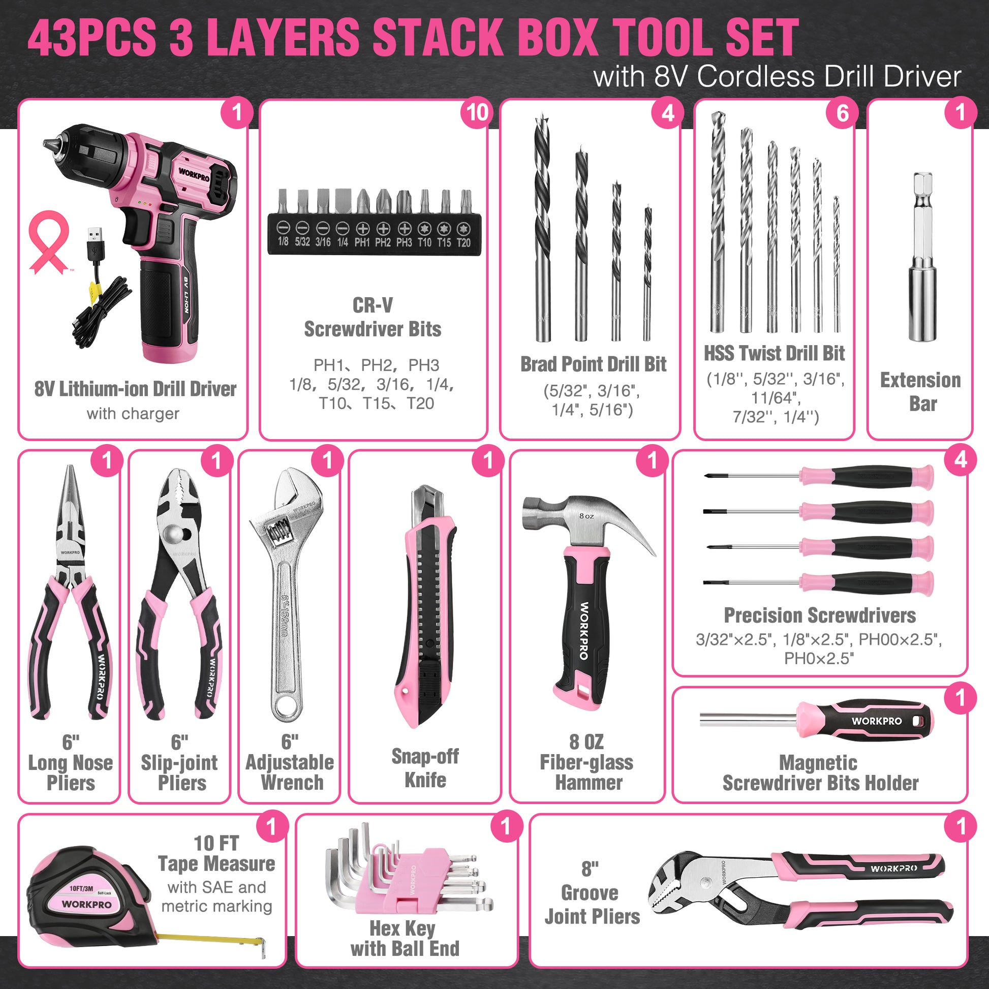 Cordless drill driver kit with labeled drill bits and hand tool accessories diagram
