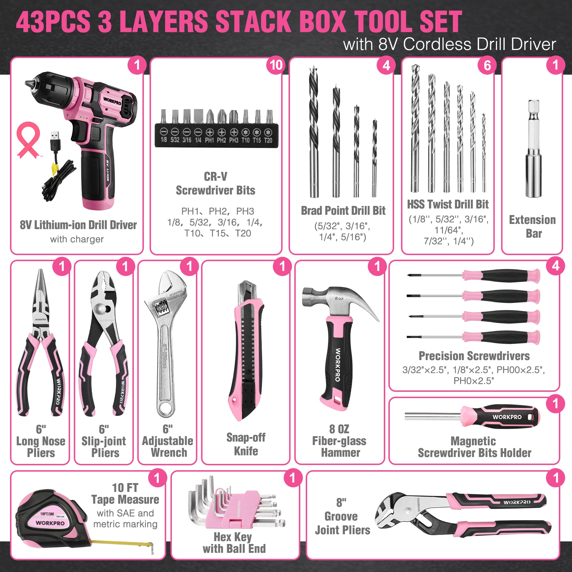 Cordless drill driver kit with labeled drill bits and hand tool accessories diagram