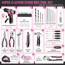 WORKPRO 43-Piece Cordless 8V Drill Driver Home Tool Set with Stackable Tool Box - Pink Ribbon