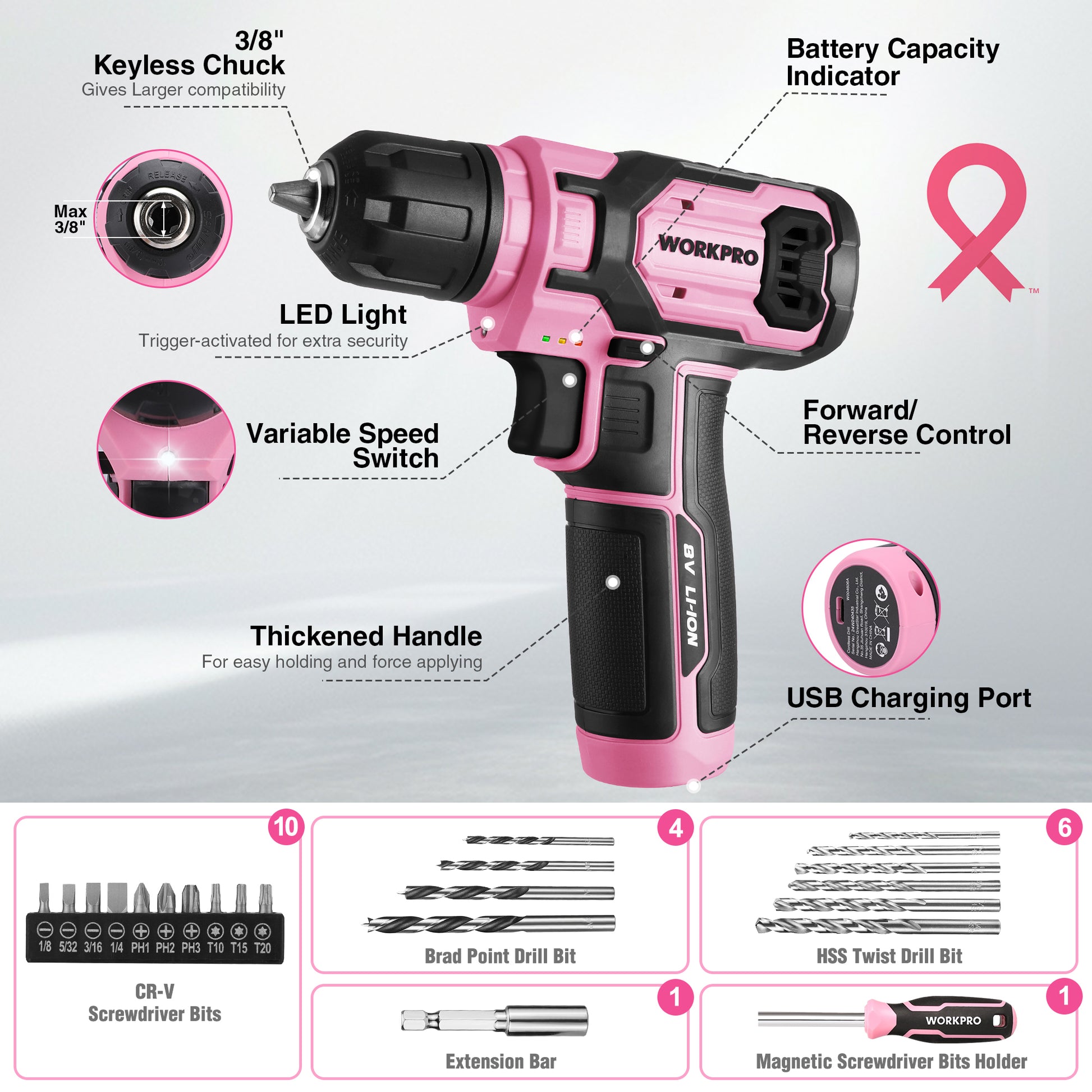 Pink and black cordless drill driver with LED light, variable speed trigger