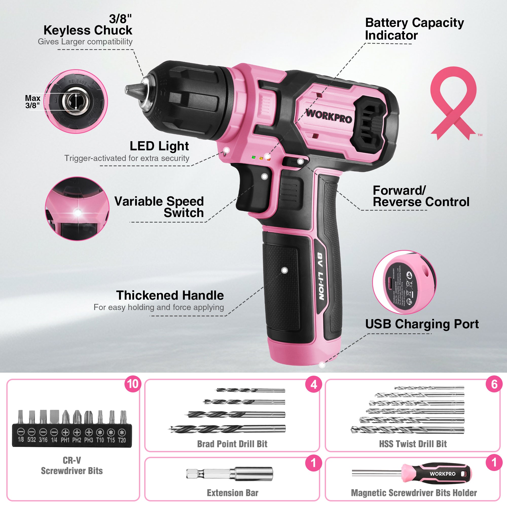 Pink and black cordless drill driver with LED light, variable speed trigger
